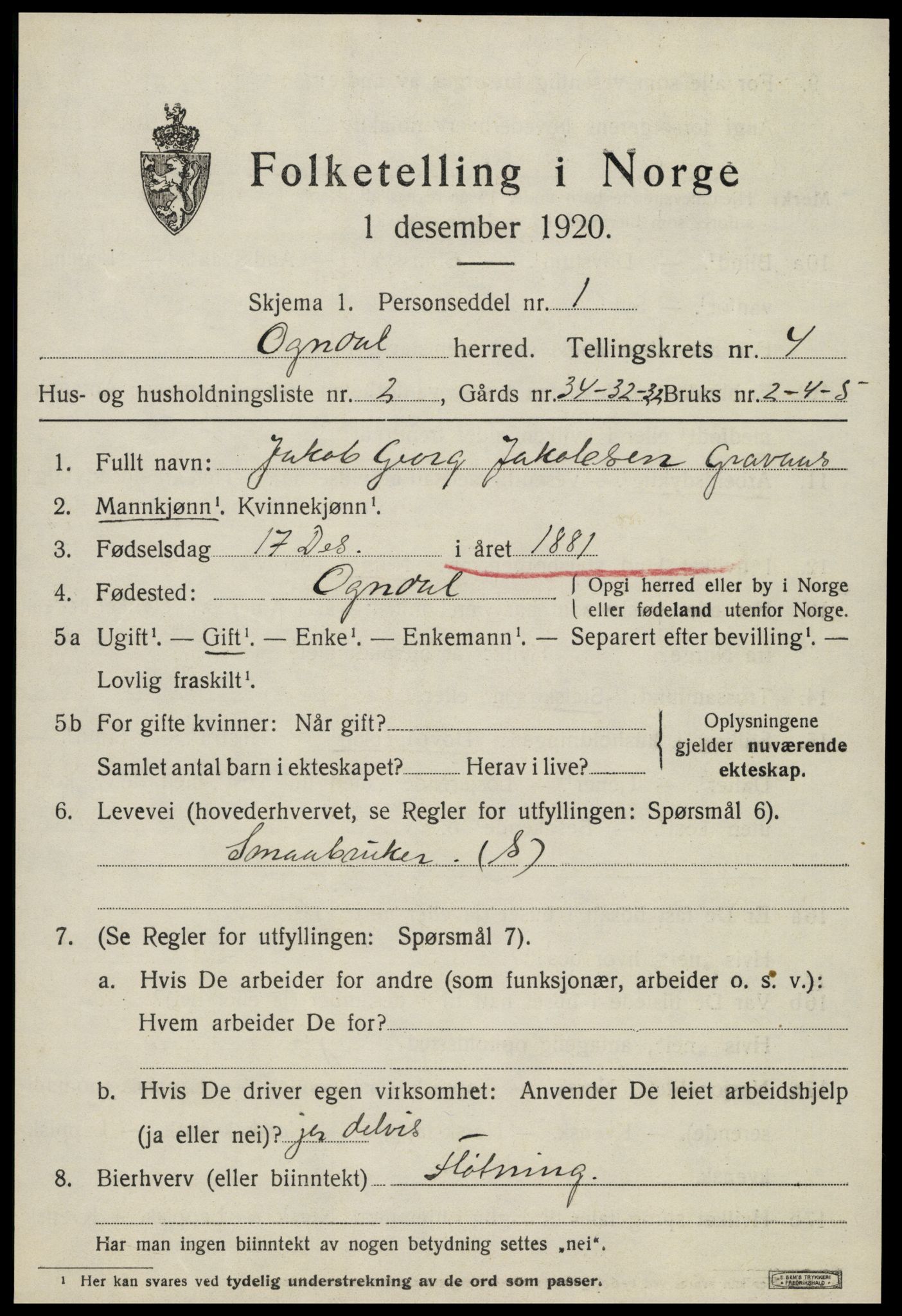 SAT, 1920 census for Ogndal, 1920, p. 1377