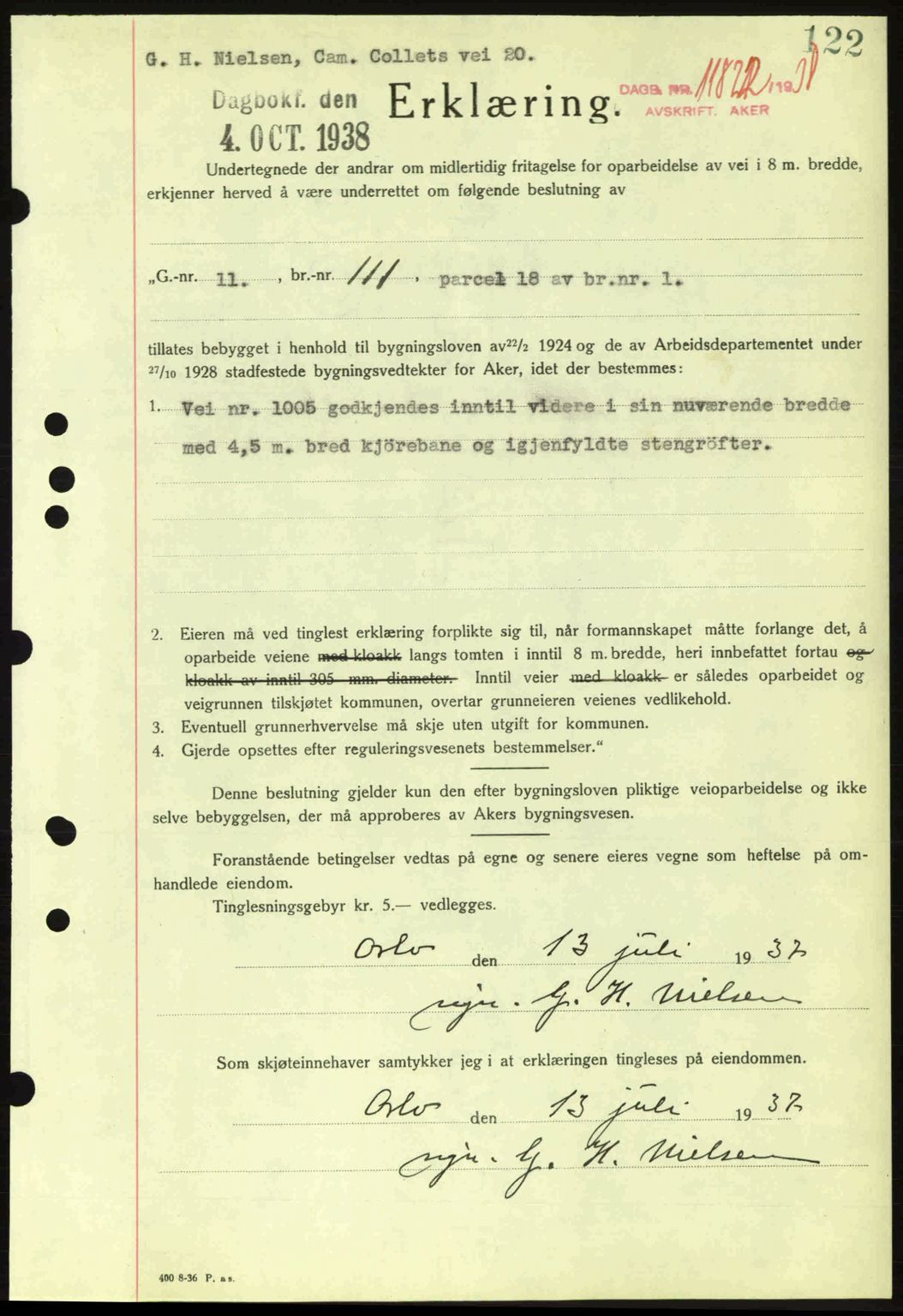 Aker herredsskriveri, SAO/A-10896/G/Gb/Gba/Gbab/L0025: Mortgage book no. A154-155, 1938-1938, Diary no: : 11822/1938