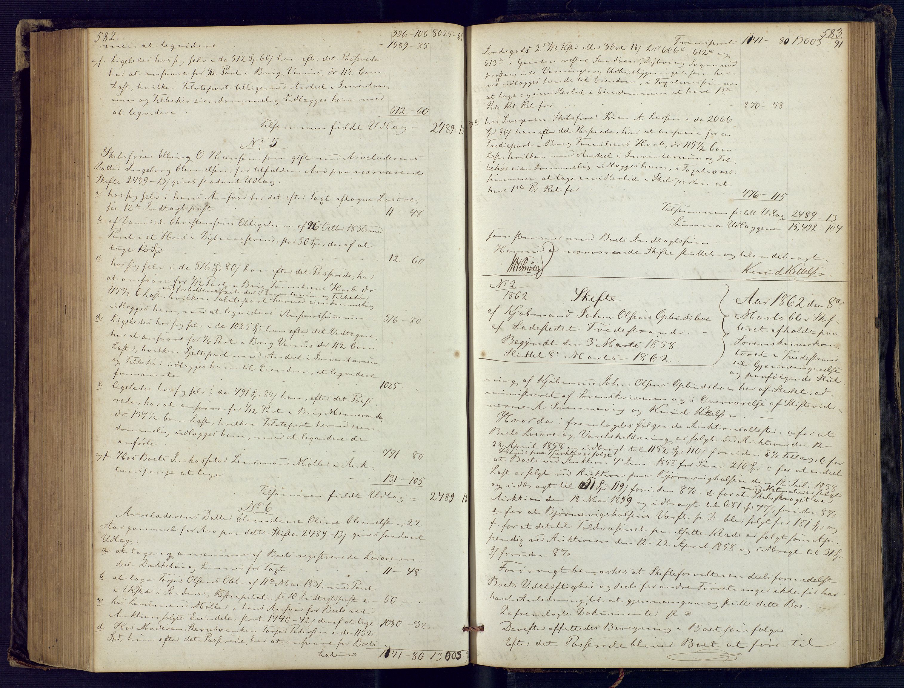 Holt sorenskriveri, SAK/1221-0002/H/Hc/L0029: Skifteutlodningsprotokoll nr. 4 med løst register, 1857-1862, p. 582-583