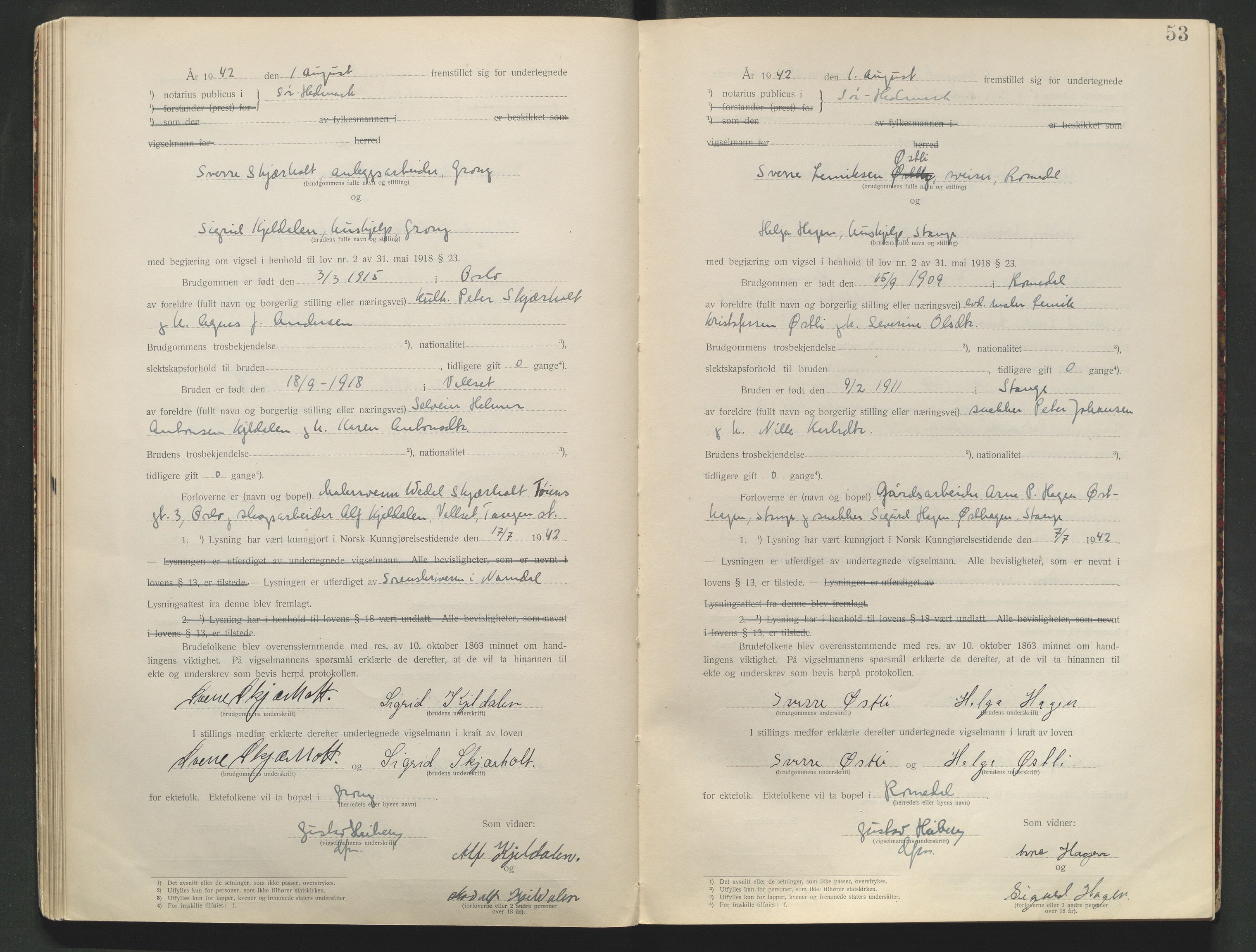 Sør-Hedmark sorenskriveri, AV/SAH-TING-014/L/Le/L0001/0002: Vigselbøker / Vigselbok, 1938-1942, p. 53