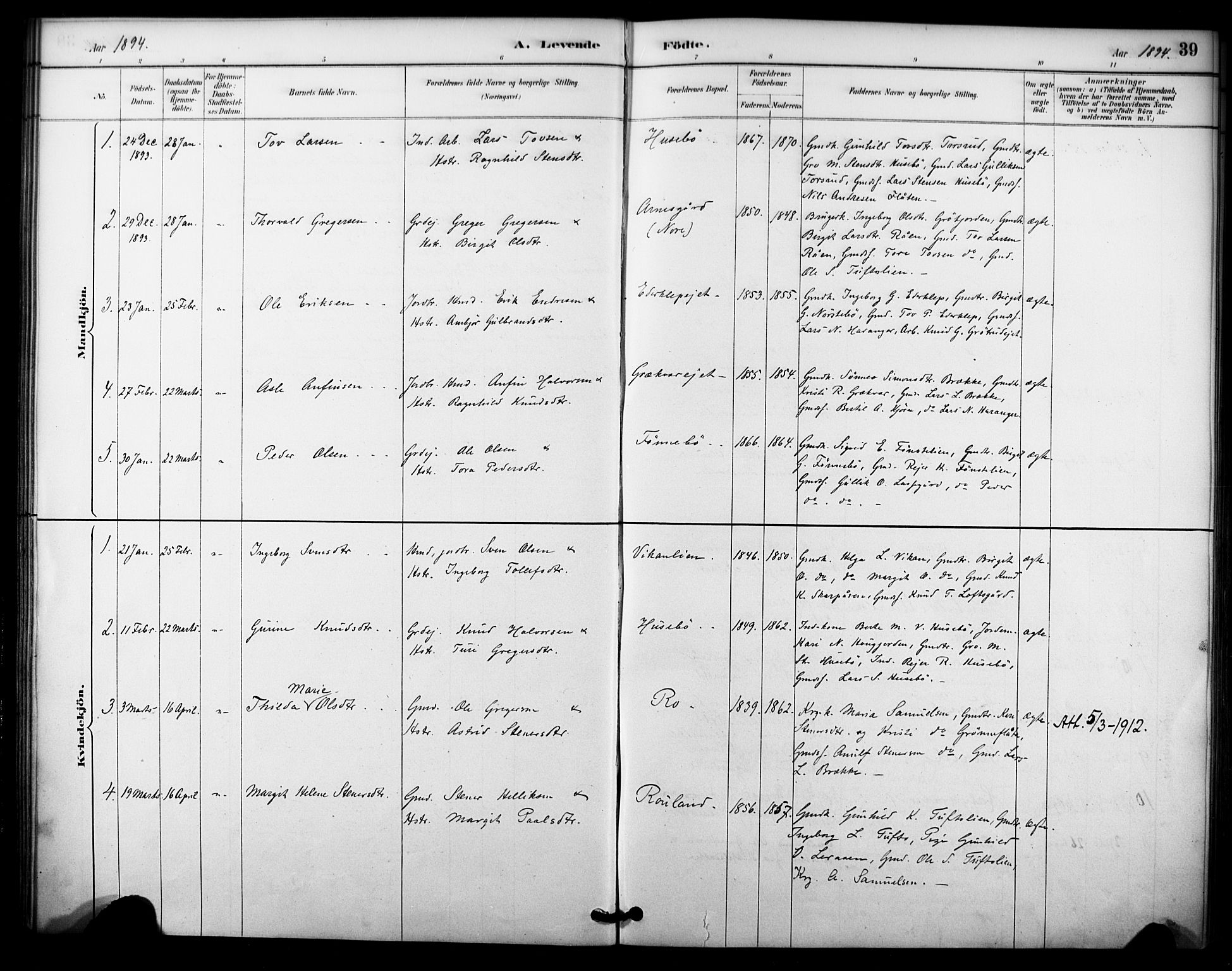 Nore kirkebøker, SAKO/A-238/F/Fc/L0004: Parish register (official) no. III 4, 1885-1898, p. 39
