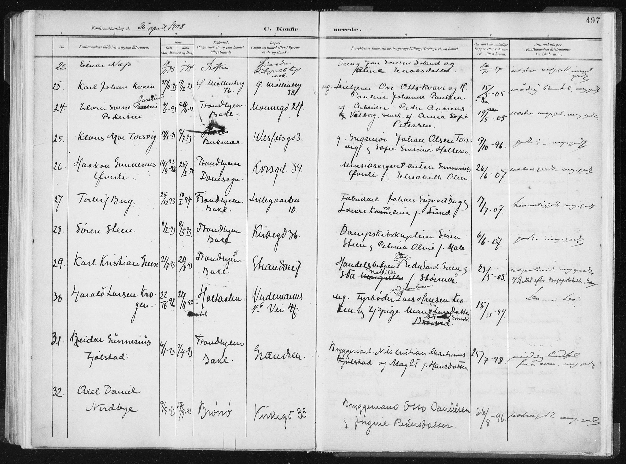 Ministerialprotokoller, klokkerbøker og fødselsregistre - Sør-Trøndelag, SAT/A-1456/604/L0200: Parish register (official) no. 604A20II, 1901-1908, p. 497