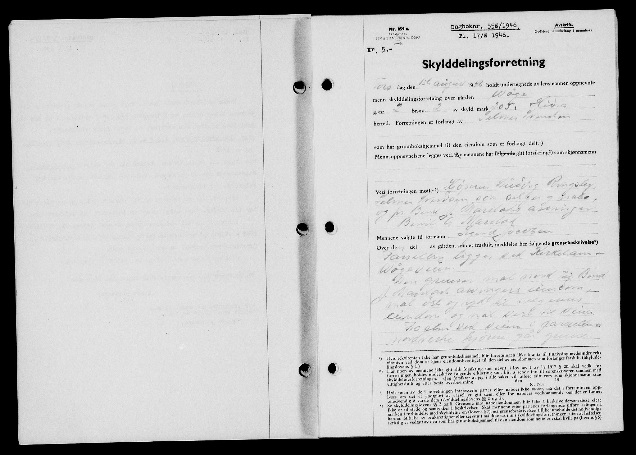 Flekkefjord sorenskriveri, SAK/1221-0001/G/Gb/Gba/L0060: Mortgage book no. A-8, 1945-1946, Diary no: : 558/1946