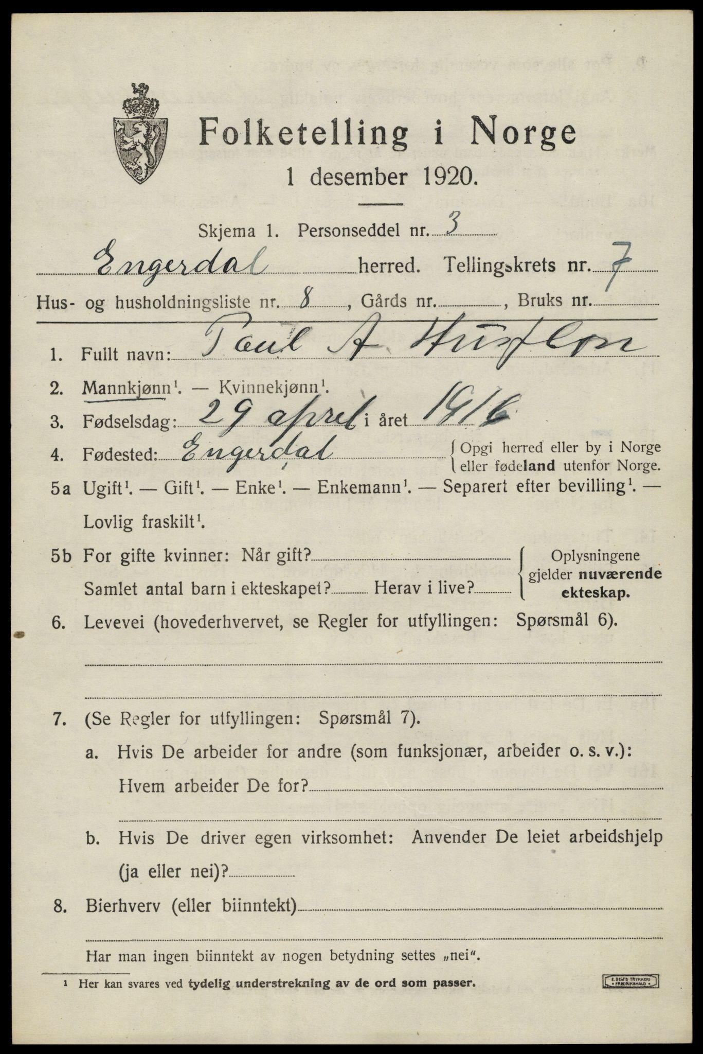 SAH, 1920 census for Engerdal, 1920, p. 3051