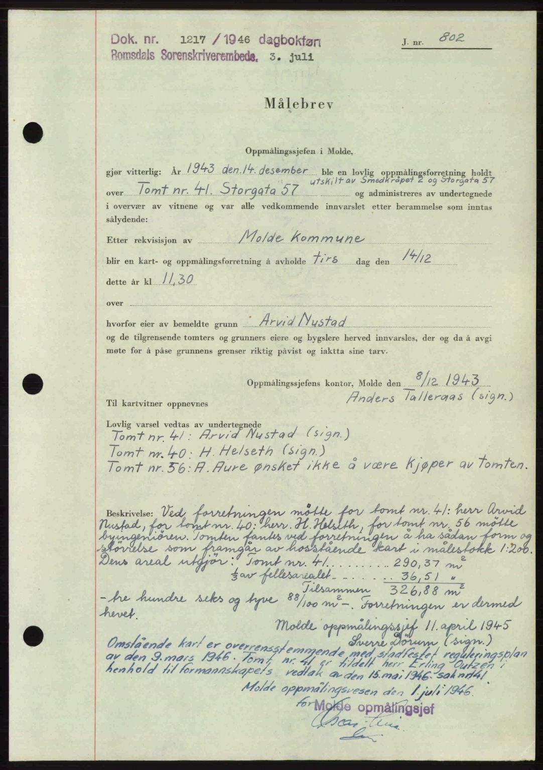 Romsdal sorenskriveri, AV/SAT-A-4149/1/2/2C: Mortgage book no. A20, 1946-1946, Diary no: : 1217/1946