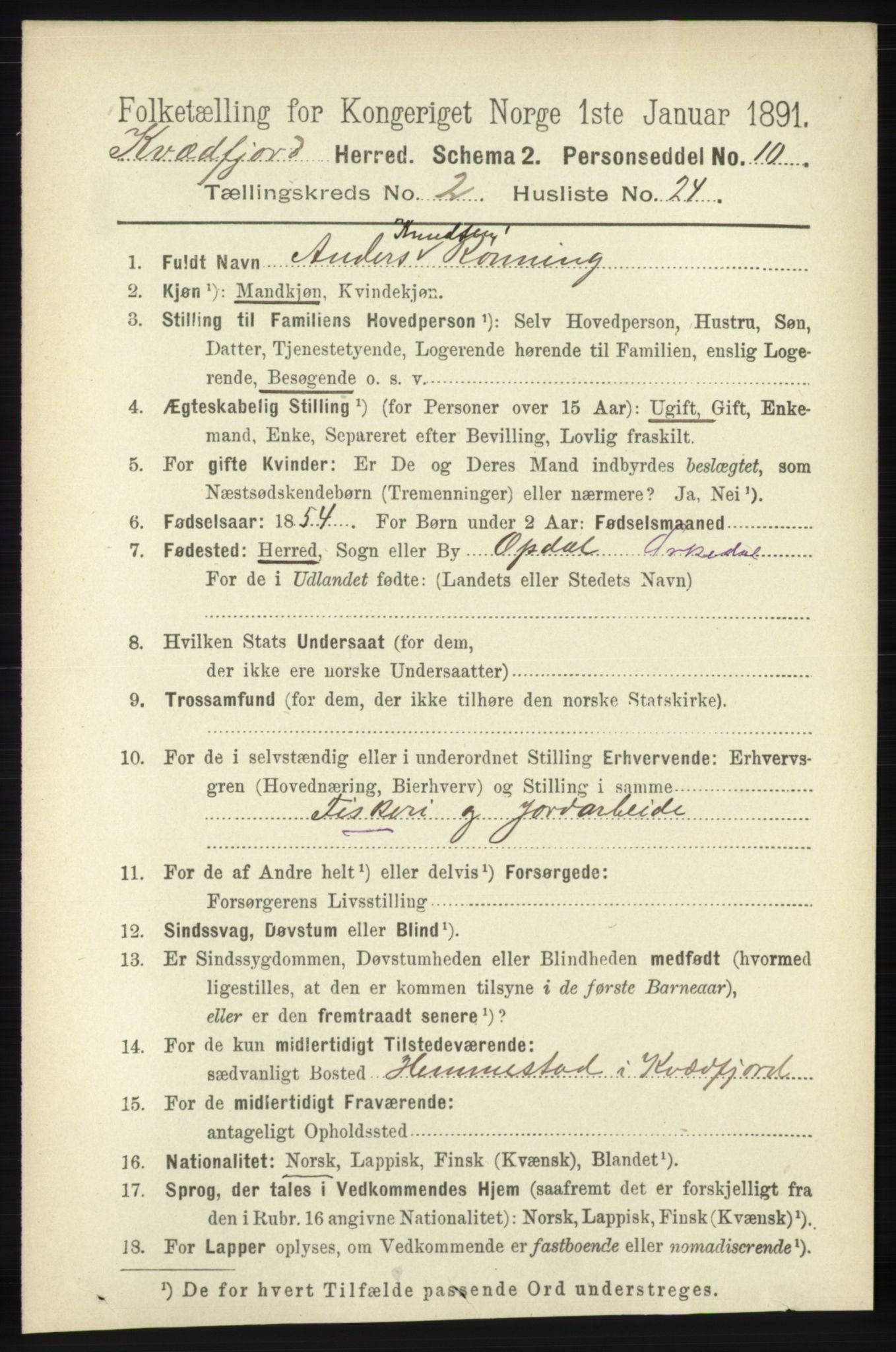 RA, 1891 census for 1911 Kvæfjord, 1891, p. 875