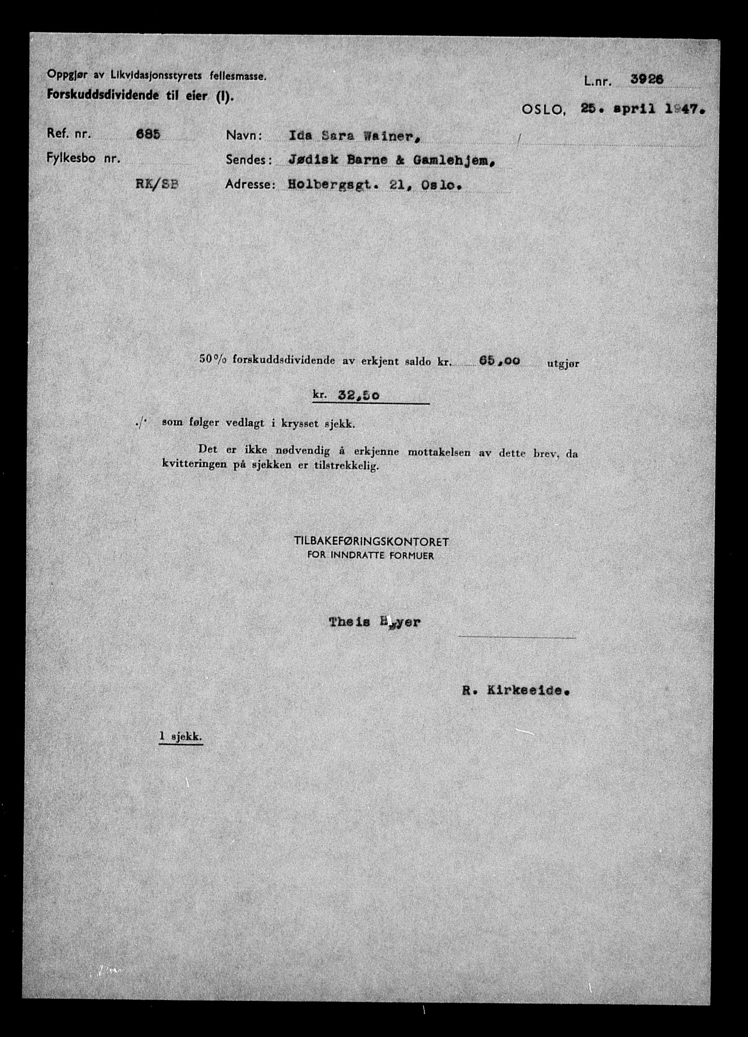 Justisdepartementet, Tilbakeføringskontoret for inndratte formuer, AV/RA-S-1564/H/Hc/Hcc/L0985: --, 1945-1947, p. 191