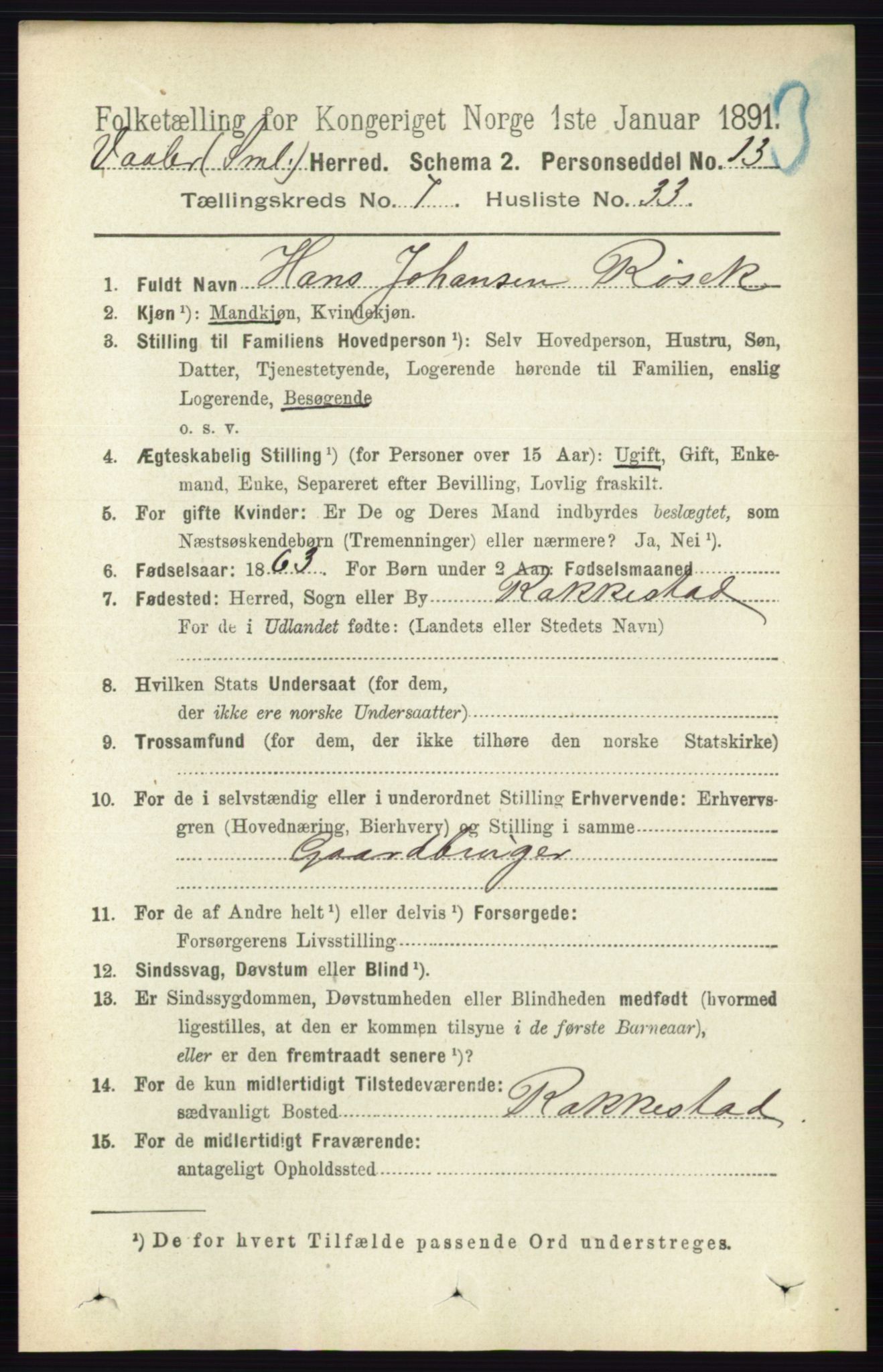 RA, 1891 census for 0137 Våler, 1891, p. 3057