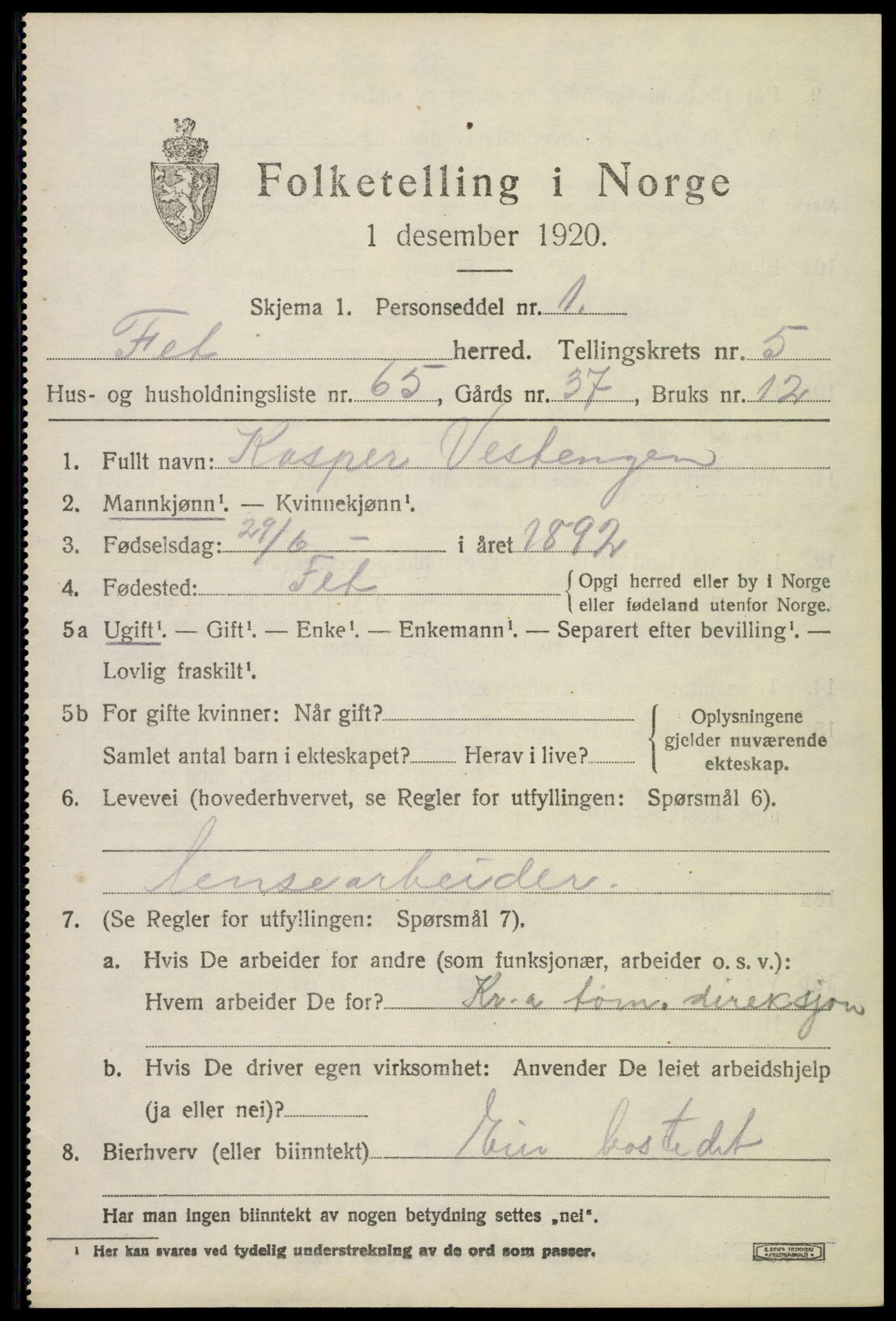 SAO, 1920 census for Fet, 1920, p. 6664