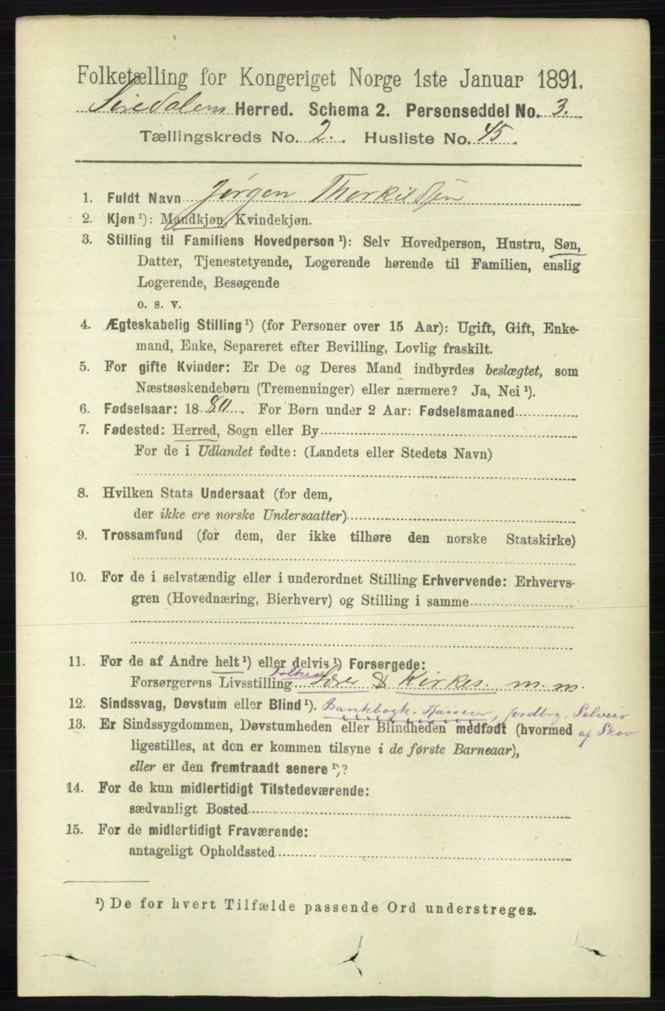 RA, 1891 census for 1046 Sirdal, 1891, p. 614