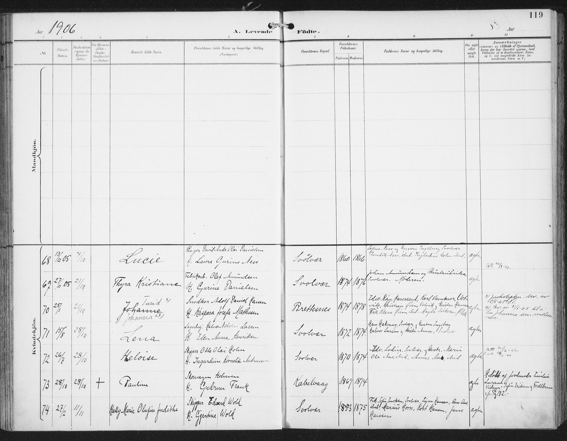 Ministerialprotokoller, klokkerbøker og fødselsregistre - Nordland, AV/SAT-A-1459/874/L1062: Parish register (official) no. 874A06, 1899-1907, p. 119