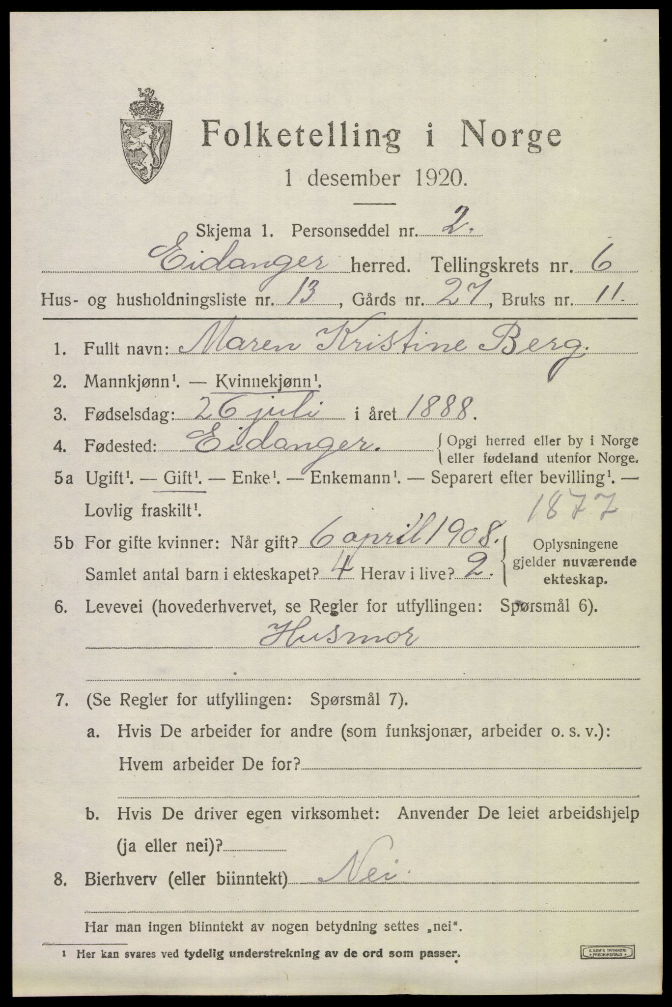 SAKO, 1920 census for Eidanger, 1920, p. 5206