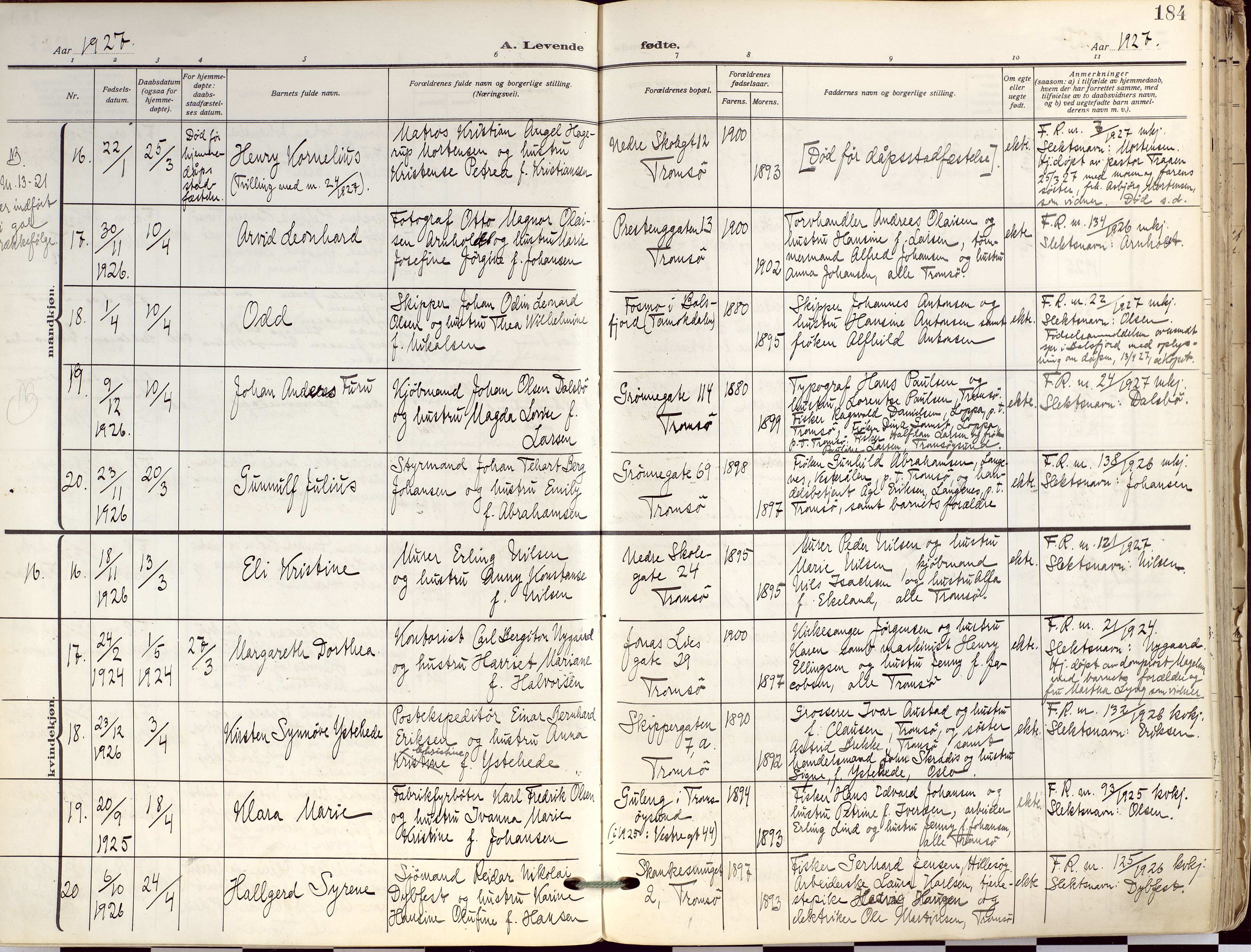 Tromsø sokneprestkontor/stiftsprosti/domprosti, AV/SATØ-S-1343/G/Ga/L0019kirke: Parish register (official) no. 19, 1917-1927, p. 184