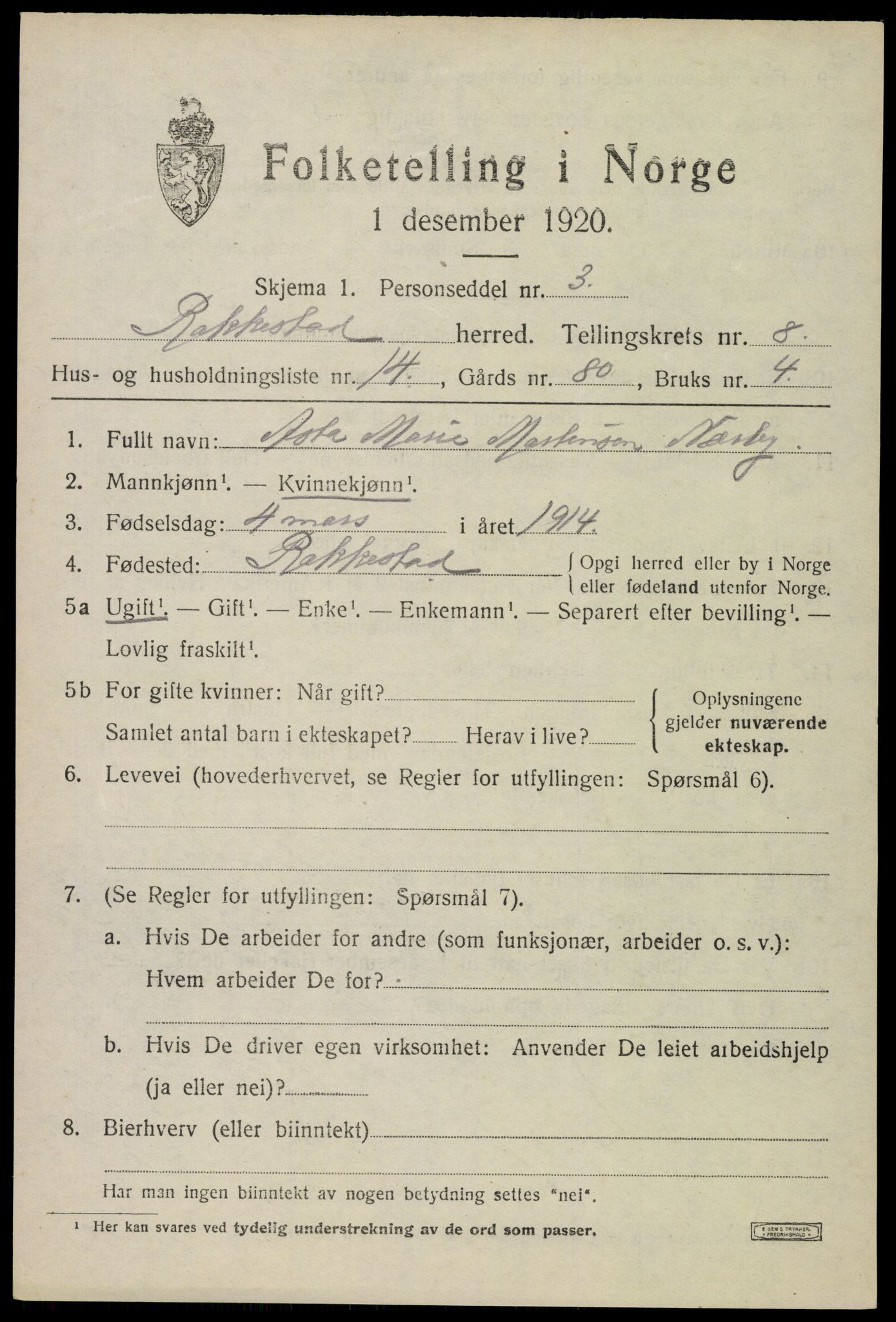 SAO, 1920 census for Rakkestad, 1920, p. 7395