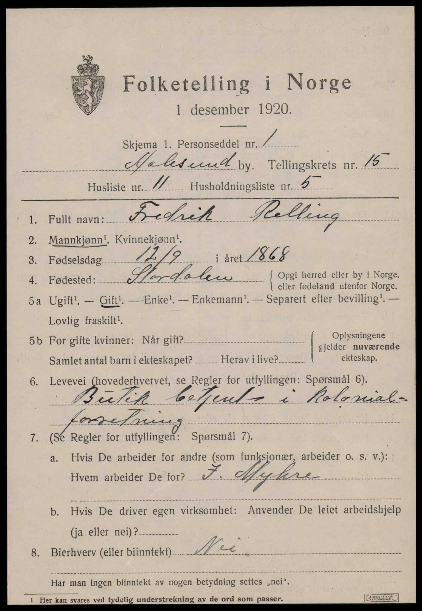 SAT, 1920 census for Ålesund, 1920, p. 29776