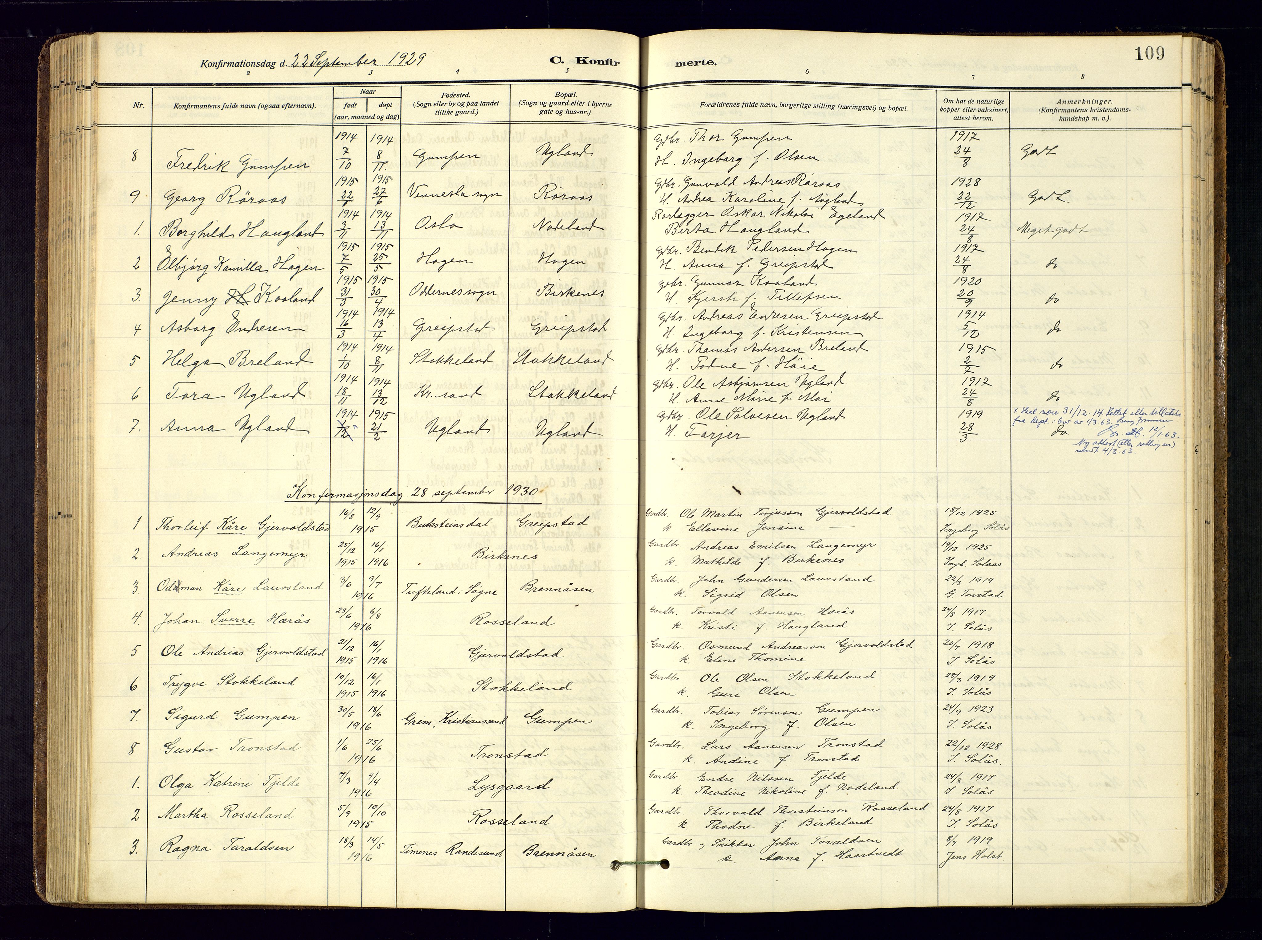 Søgne sokneprestkontor, AV/SAK-1111-0037/F/Fa/Faa/L0004: Parish register (official) no. A-4, 1911-1945, p. 109