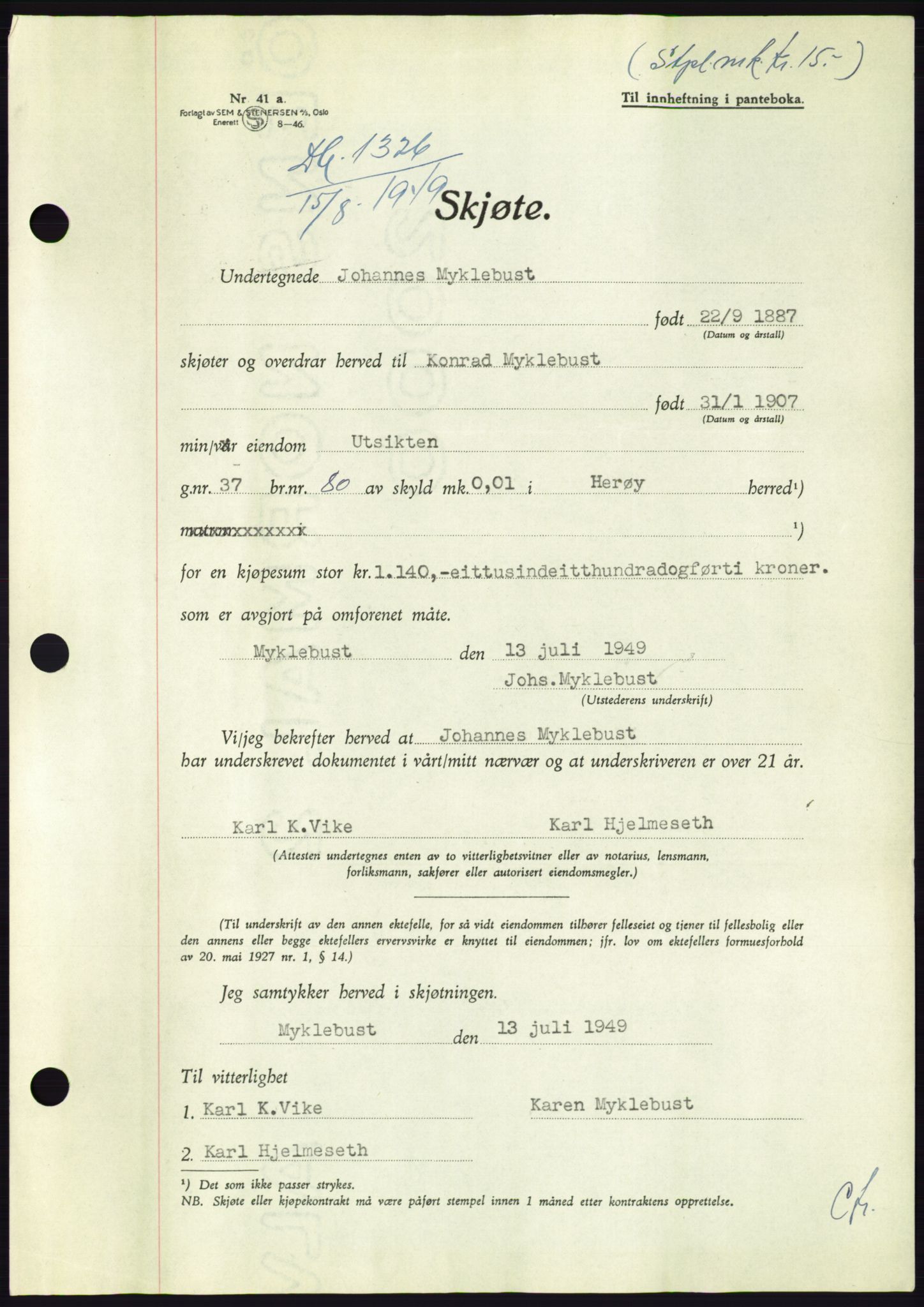 Søre Sunnmøre sorenskriveri, AV/SAT-A-4122/1/2/2C/L0085: Mortgage book no. 11A, 1949-1949, Diary no: : 1326/1949