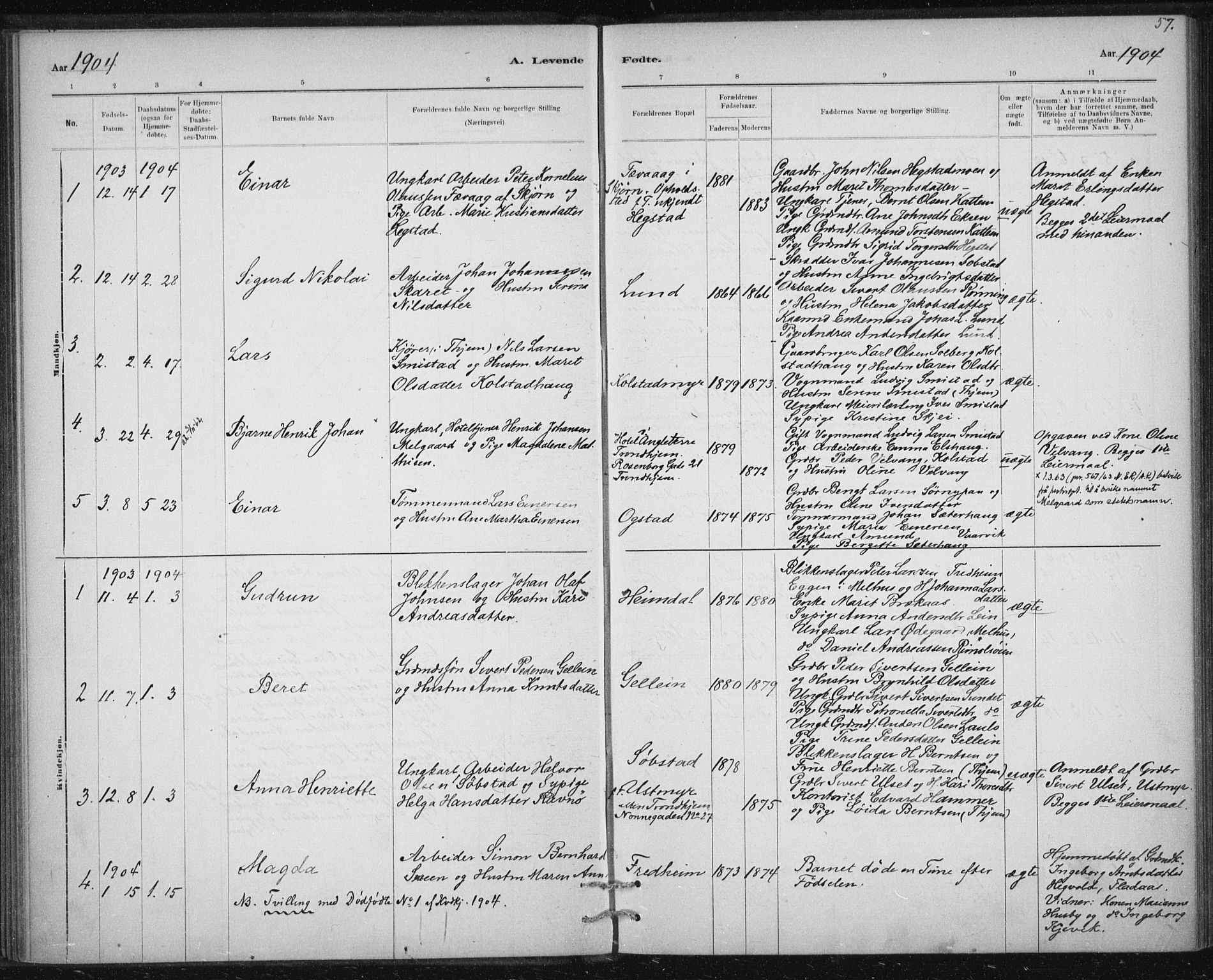 Ministerialprotokoller, klokkerbøker og fødselsregistre - Sør-Trøndelag, SAT/A-1456/613/L0392: Parish register (official) no. 613A01, 1887-1906, p. 57