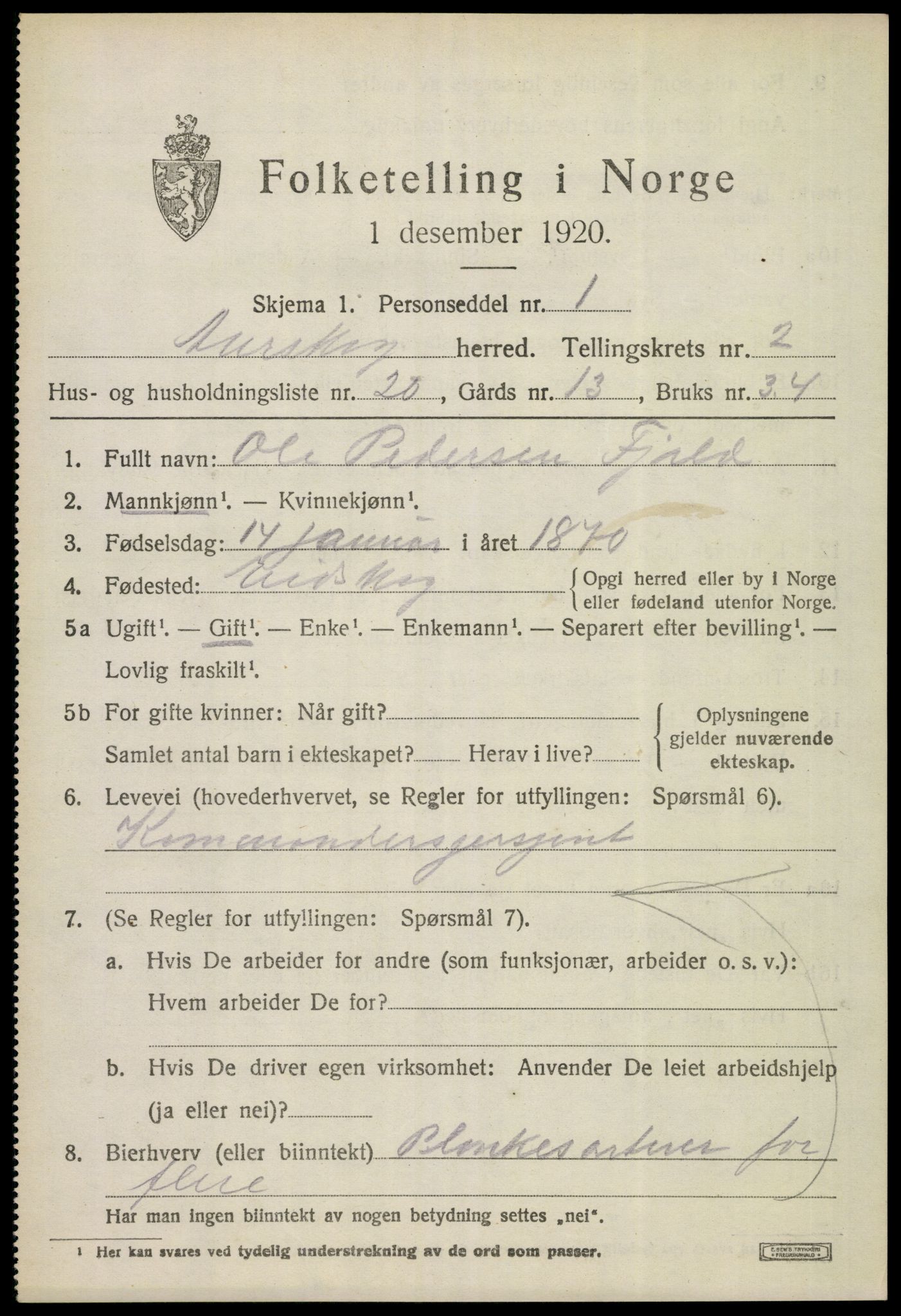 SAO, 1920 census for Aurskog, 1920, p. 1900