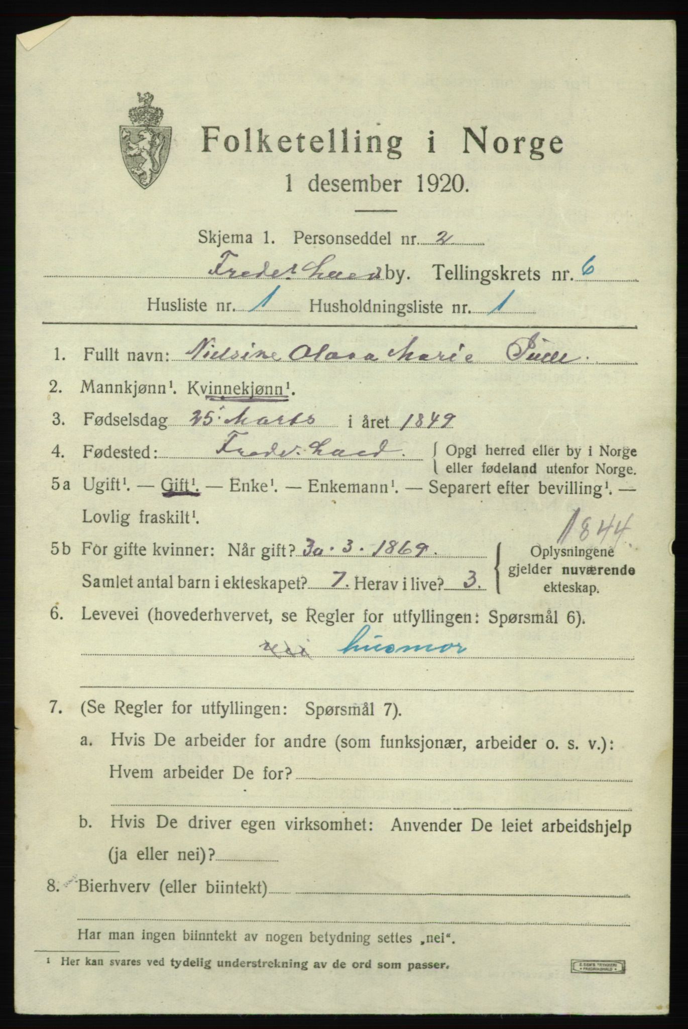 SAO, 1920 census for Fredrikshald, 1920, p. 12814