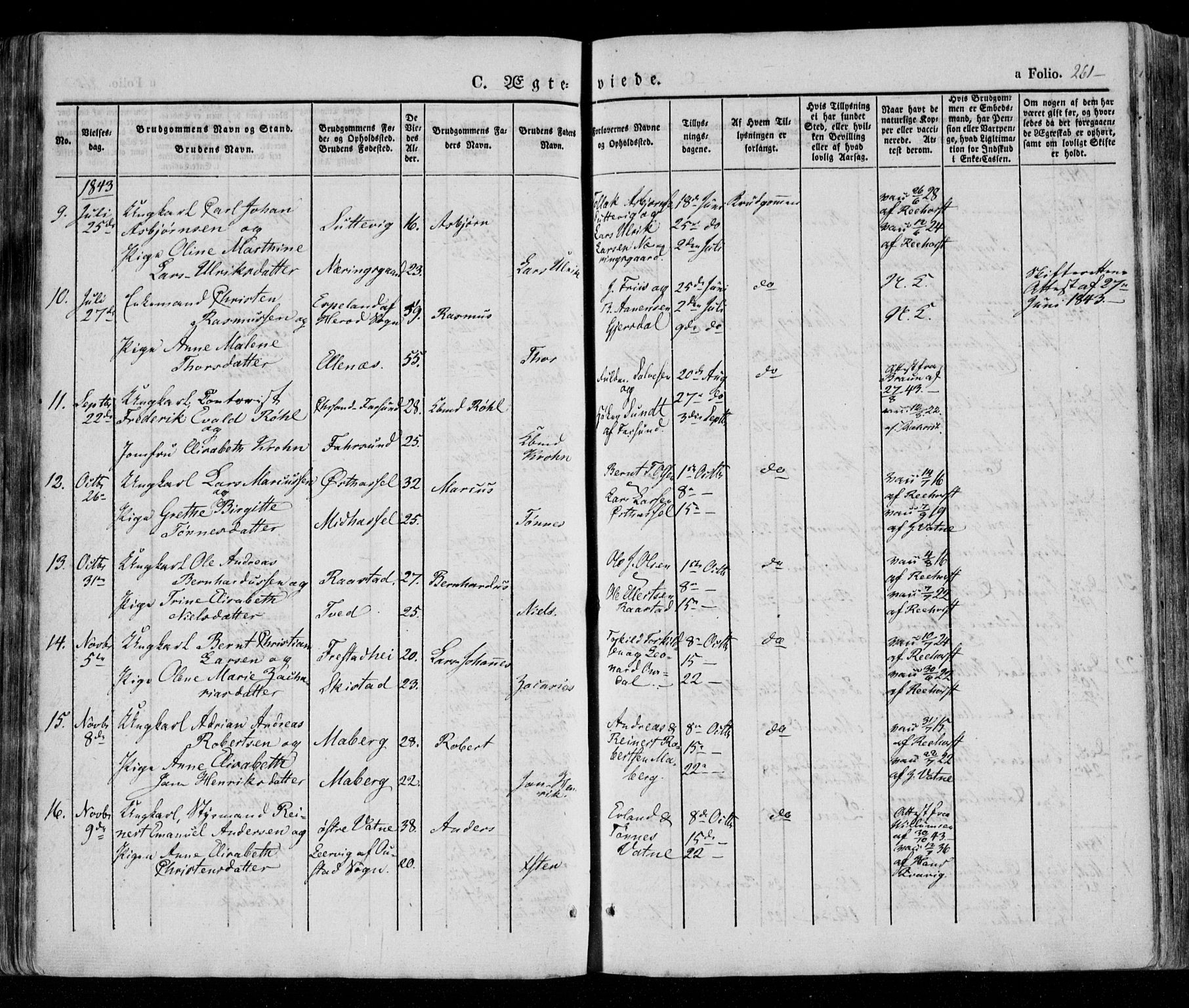 Lista sokneprestkontor, SAK/1111-0027/F/Fa/L0009: Parish register (official) no. A 9, 1835-1846, p. 261