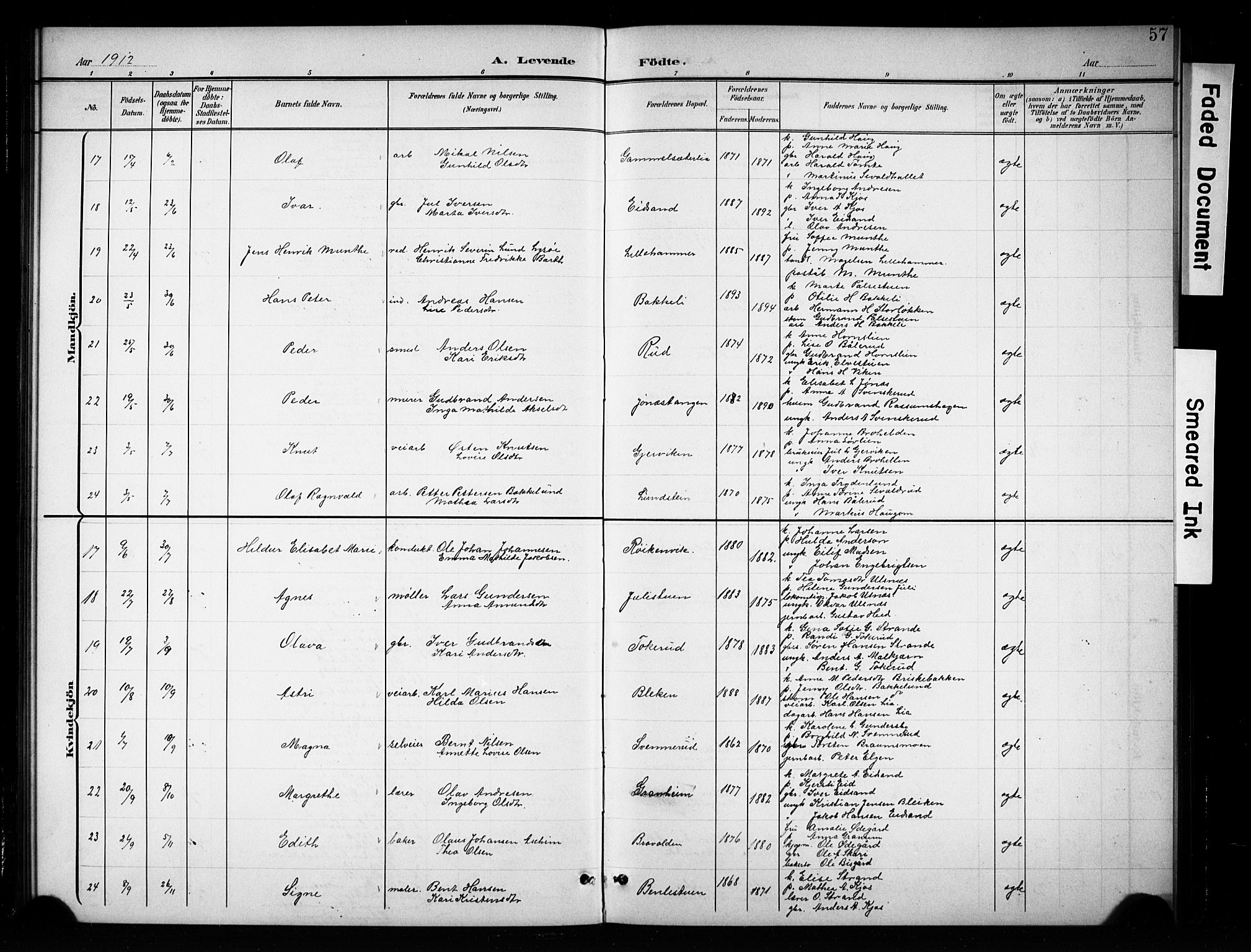 Brandbu prestekontor, AV/SAH-PREST-114/H/Ha/Hab/L0005: Parish register (copy) no. 5, 1900-1913, p. 57