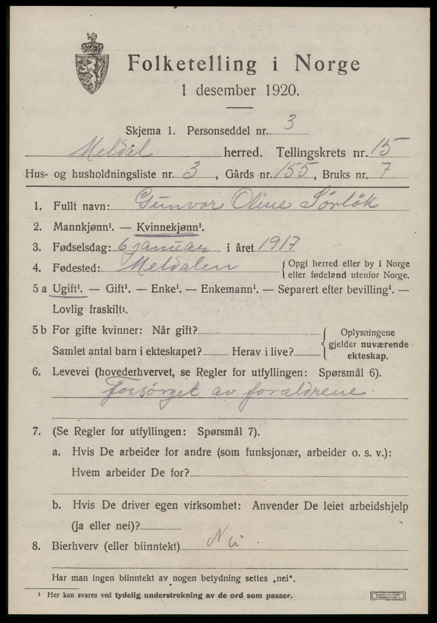 SAT, 1920 census for Meldal, 1920, p. 10489