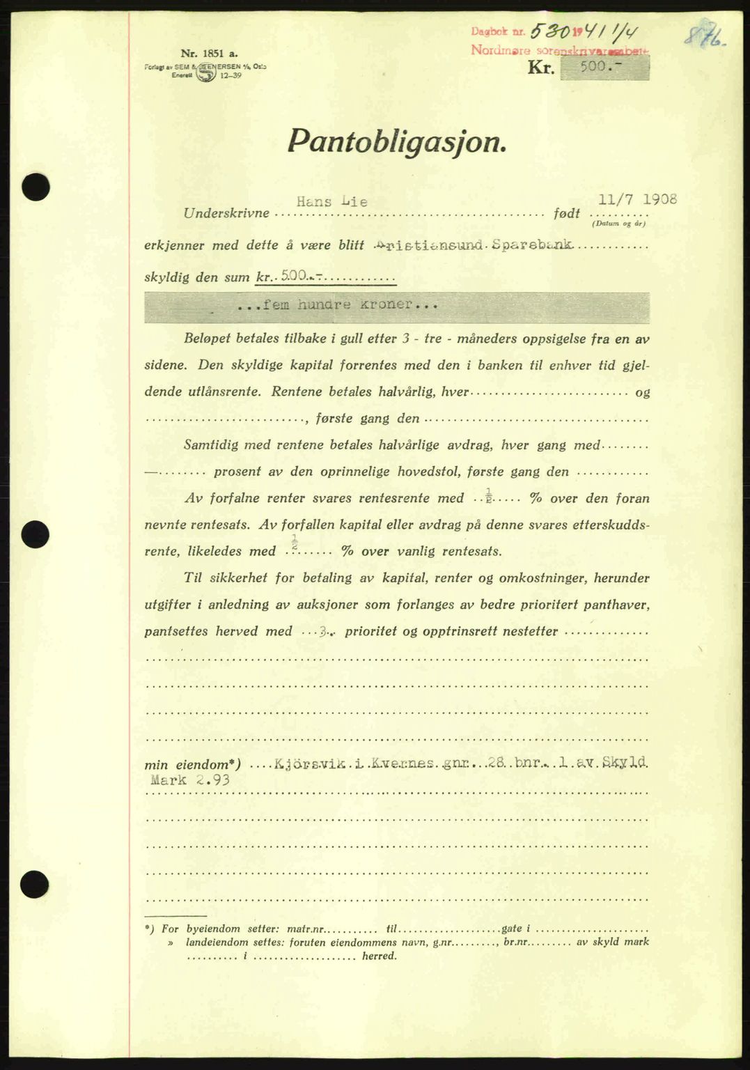 Nordmøre sorenskriveri, AV/SAT-A-4132/1/2/2Ca: Mortgage book no. B87, 1940-1941, Diary no: : 530/1941