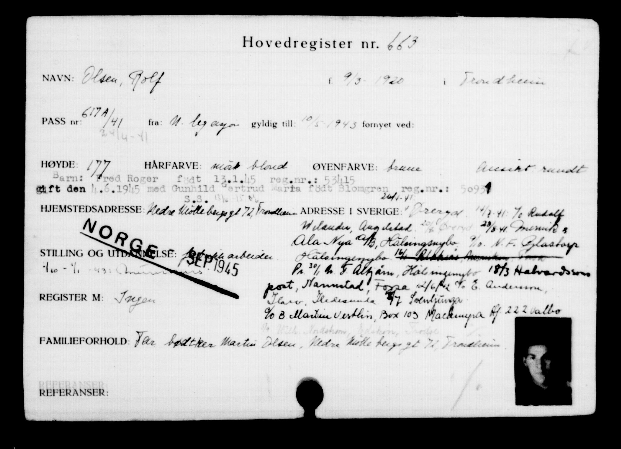 Utenriksstasjonene, Legasjonen i Stockholm, Flyktningkontoret, AV/RA-S-6753/V/Va/L0001: Kjesäterkartoteket, flyktninger med registreringsnr. 1-1000, 1940-1945, p. 1036