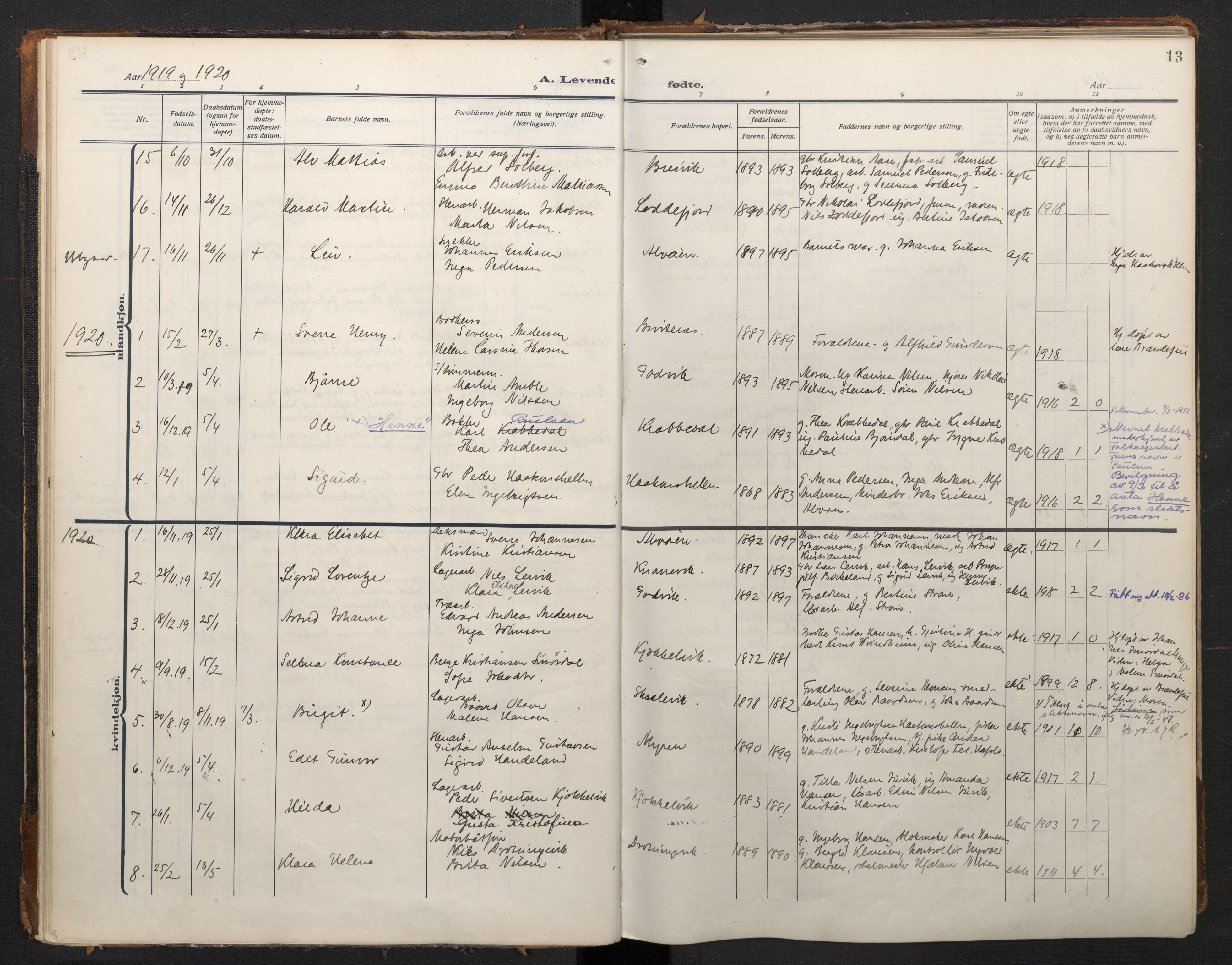 Laksevåg Sokneprestembete, AV/SAB-A-76501/H/Ha/Haa/Haah/L0001: Parish register (official) no. H 1, 1915-1934, p. 13