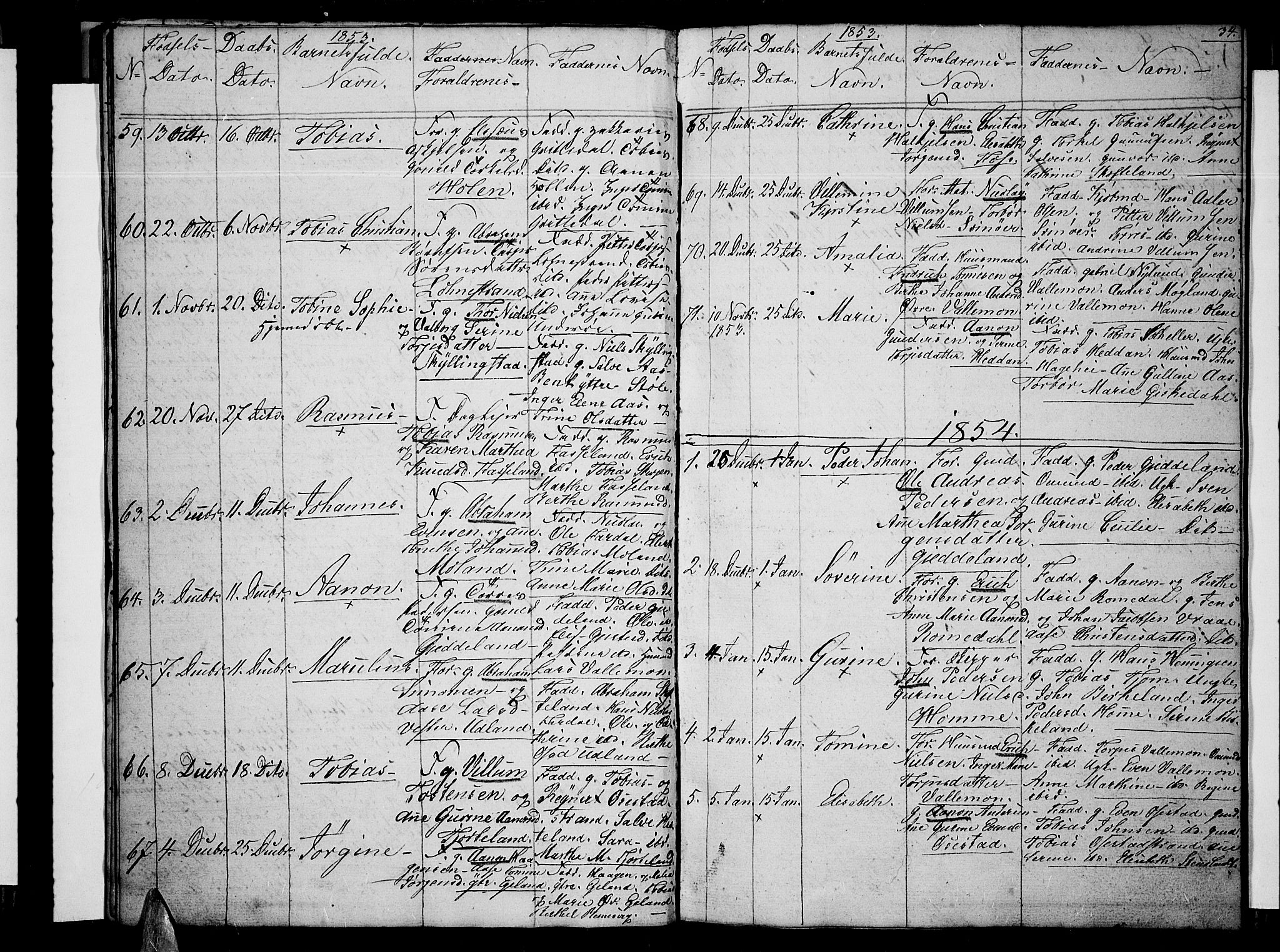 Sør-Audnedal sokneprestkontor, SAK/1111-0039/F/Fb/Fbb/L0002: Parish register (copy) no. B 2, 1846-1865, p. 34