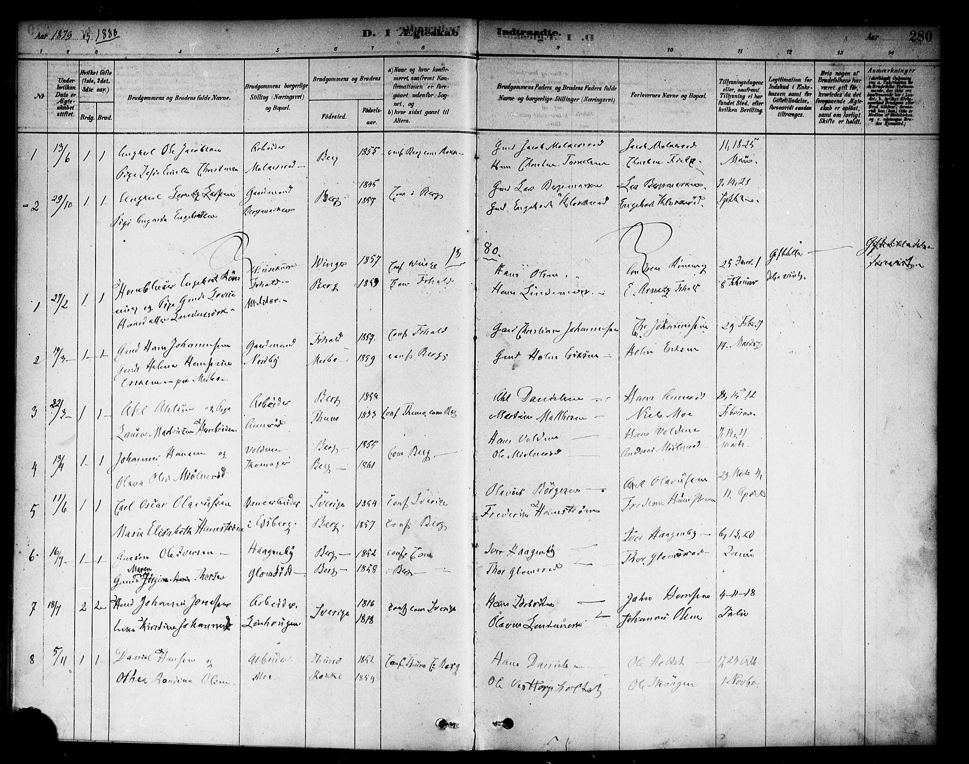 Berg prestekontor Kirkebøker, SAO/A-10902/F/Fc/L0001: Parish register (official) no. III 1, 1878-1887, p. 280