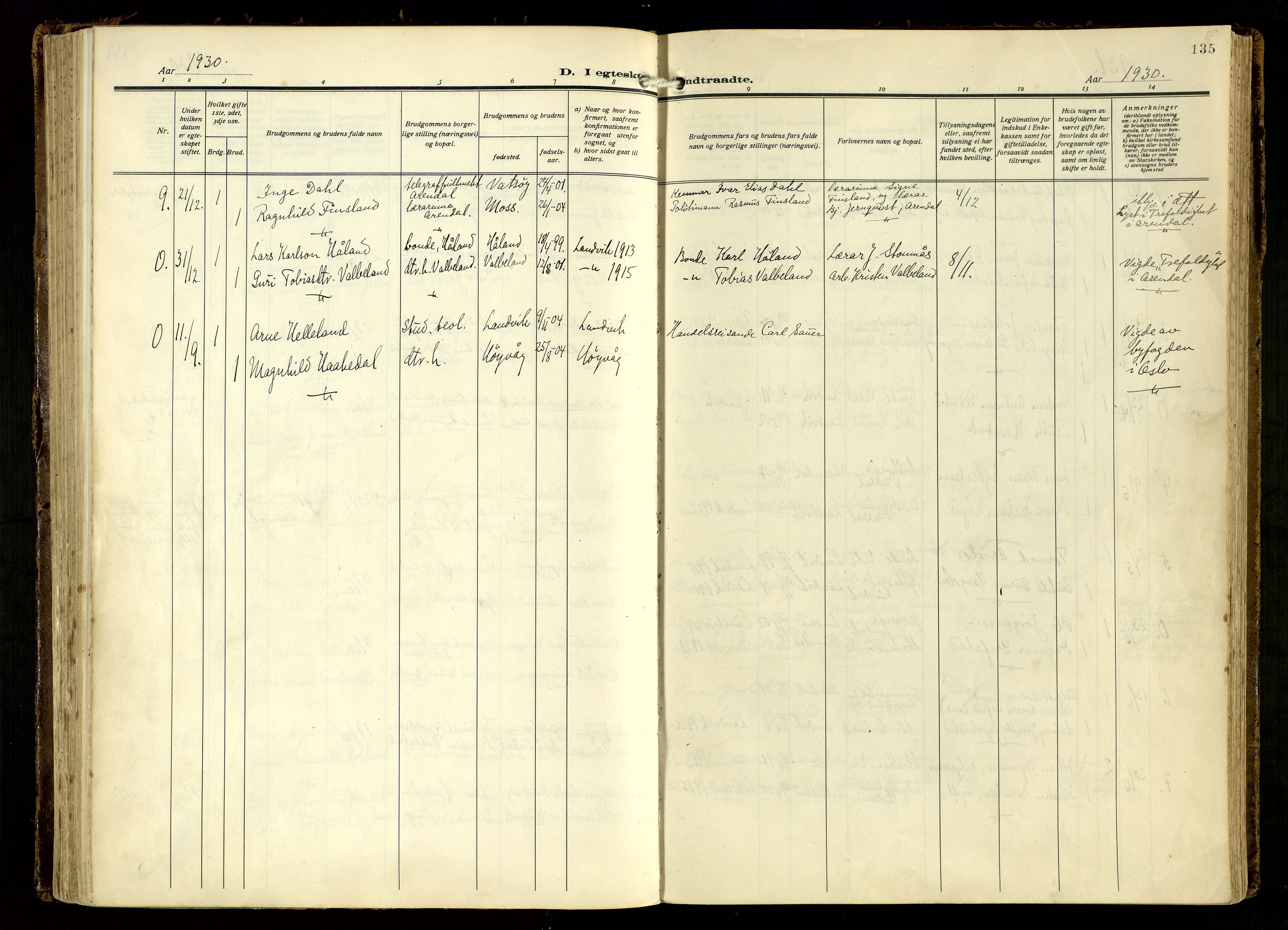 Hommedal sokneprestkontor, AV/SAK-1111-0023/F/Fa/Fab/L0008: Parish register (official) no. A 8, 1925-1956, p. 135