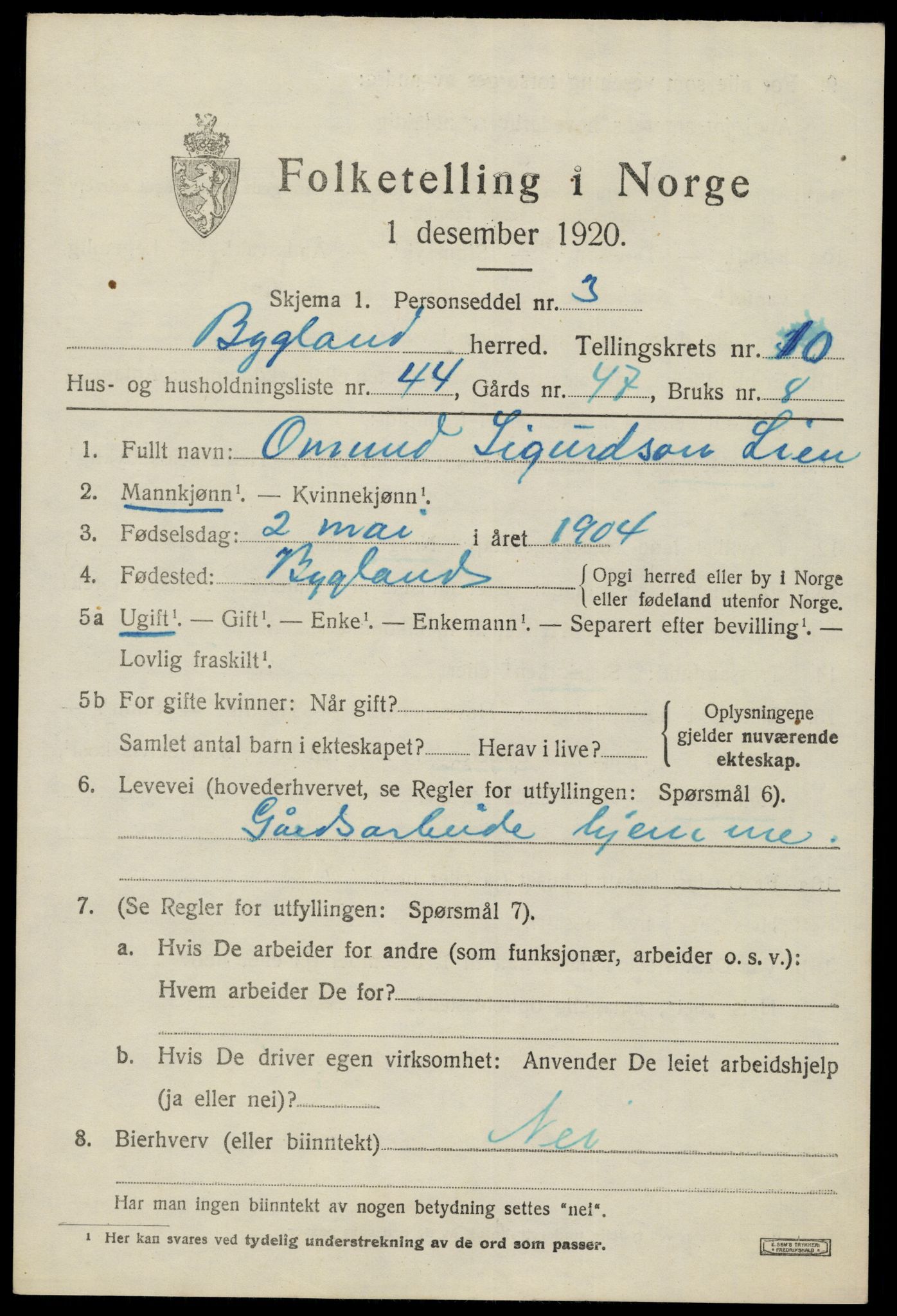 SAK, 1920 census for Bygland, 1920, p. 4119