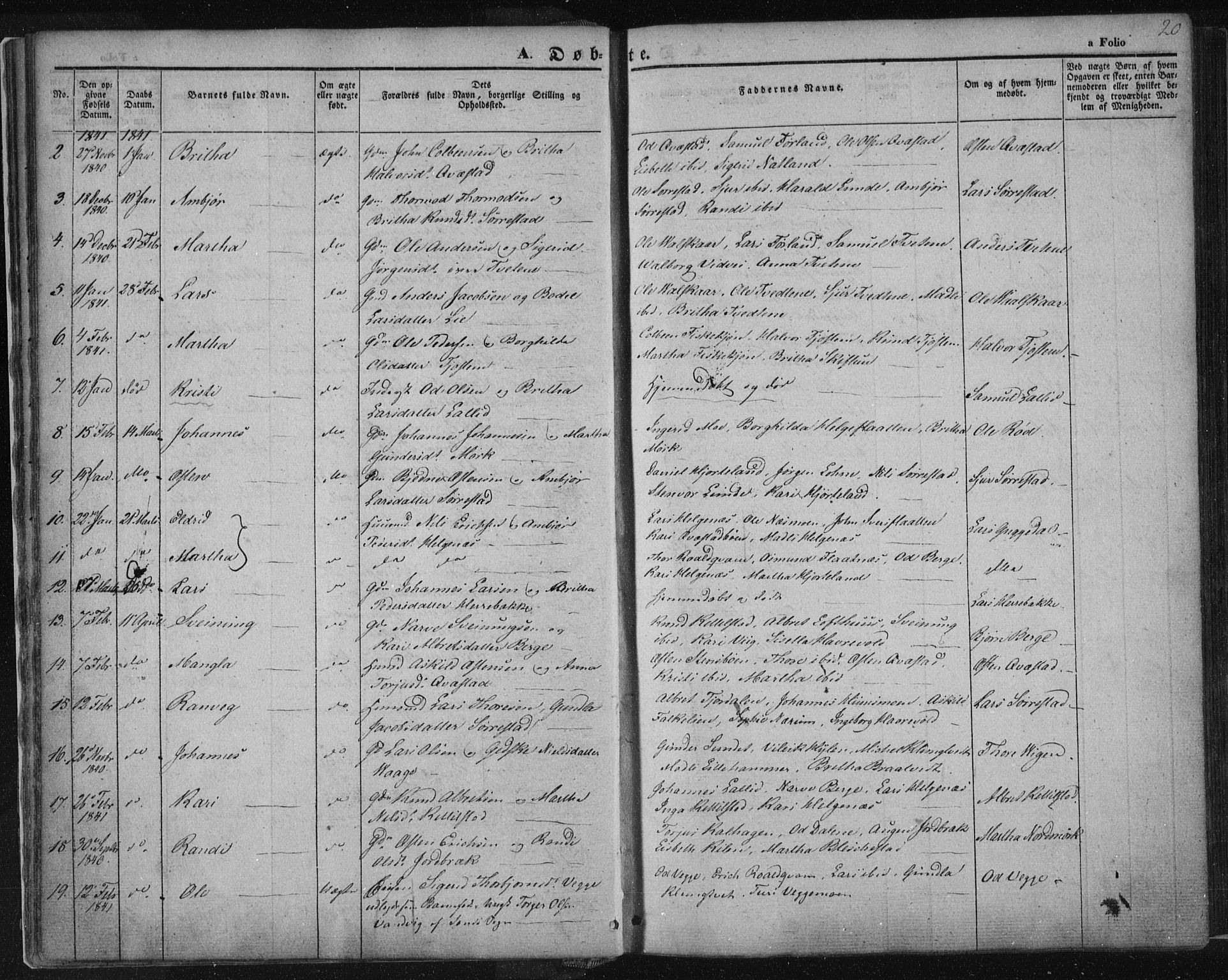 Suldal sokneprestkontor, SAST/A-101845/01/IV/L0008: Parish register (official) no. A 8, 1836-1853, p. 20