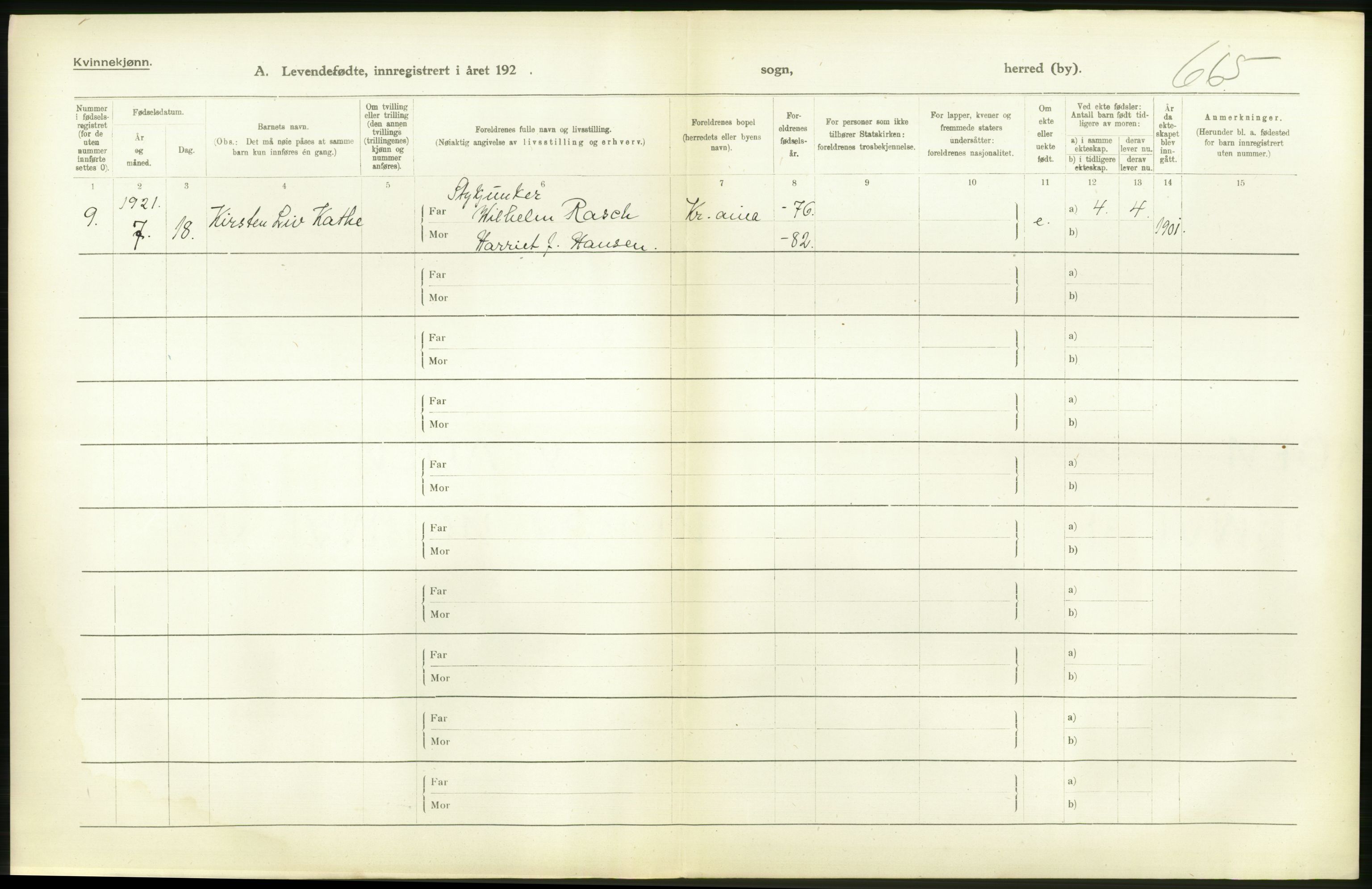 Statistisk sentralbyrå, Sosiodemografiske emner, Befolkning, RA/S-2228/D/Df/Dfc/Dfca/L0009: Kristiania: Levendefødte menn og kvinner., 1921, p. 372