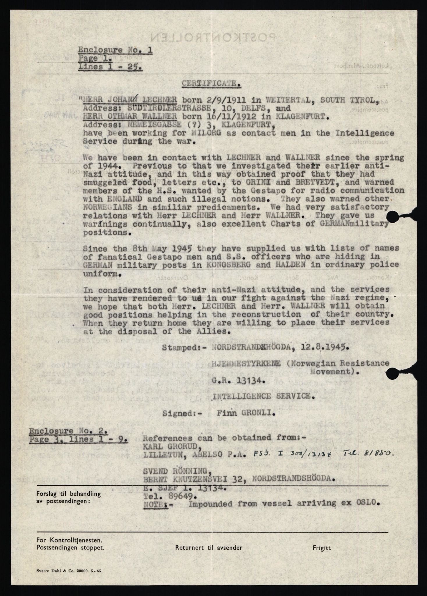 Forsvaret, Forsvarets overkommando II, AV/RA-RAFA-3915/D/Db/L0039: CI Questionaires. Tyske okkupasjonsstyrker i Norge. Østerrikere., 1945-1946, p. 293