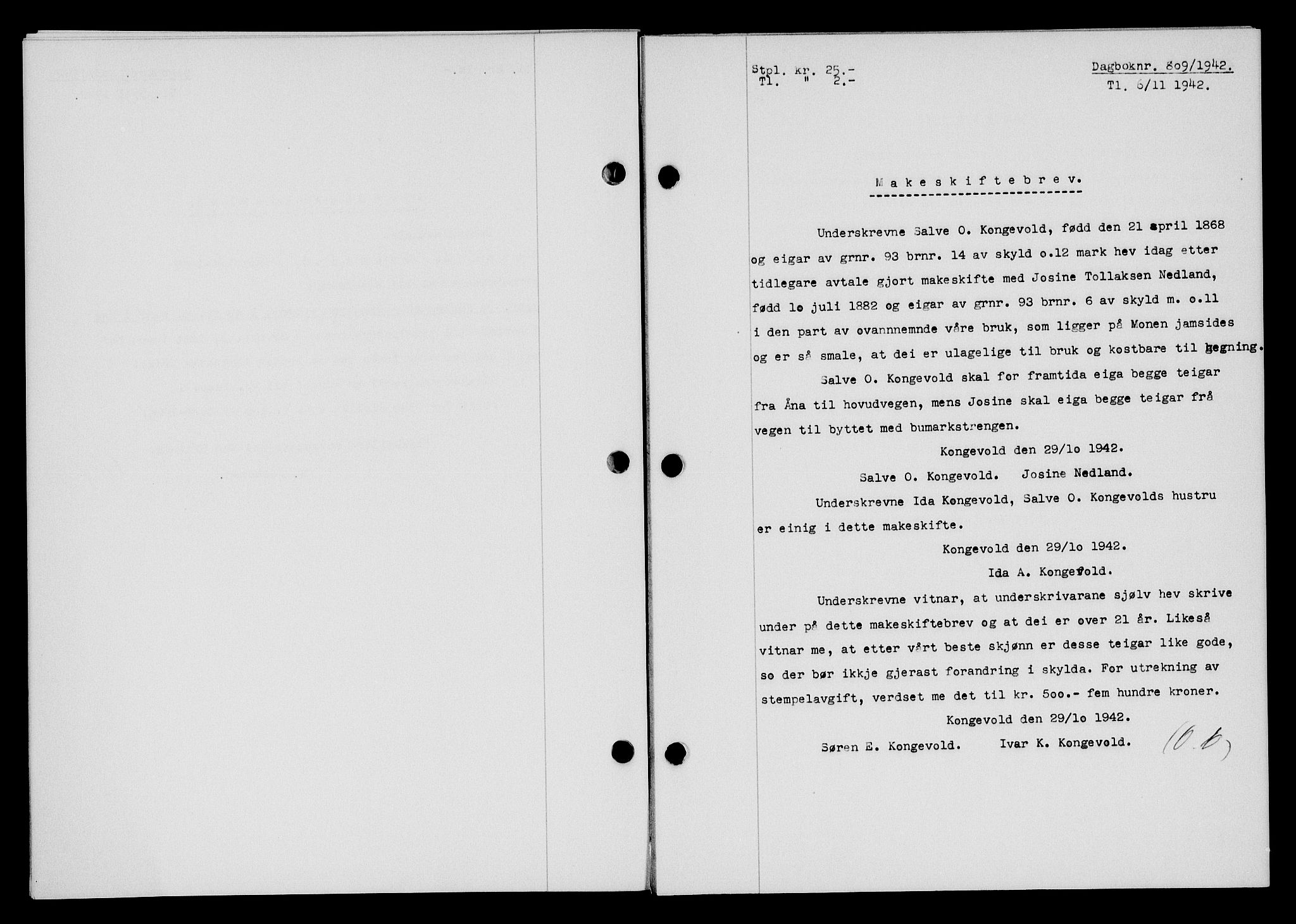 Flekkefjord sorenskriveri, SAK/1221-0001/G/Gb/Gba/L0058: Mortgage book no. A-6, 1942-1944, Diary no: : 809/1942
