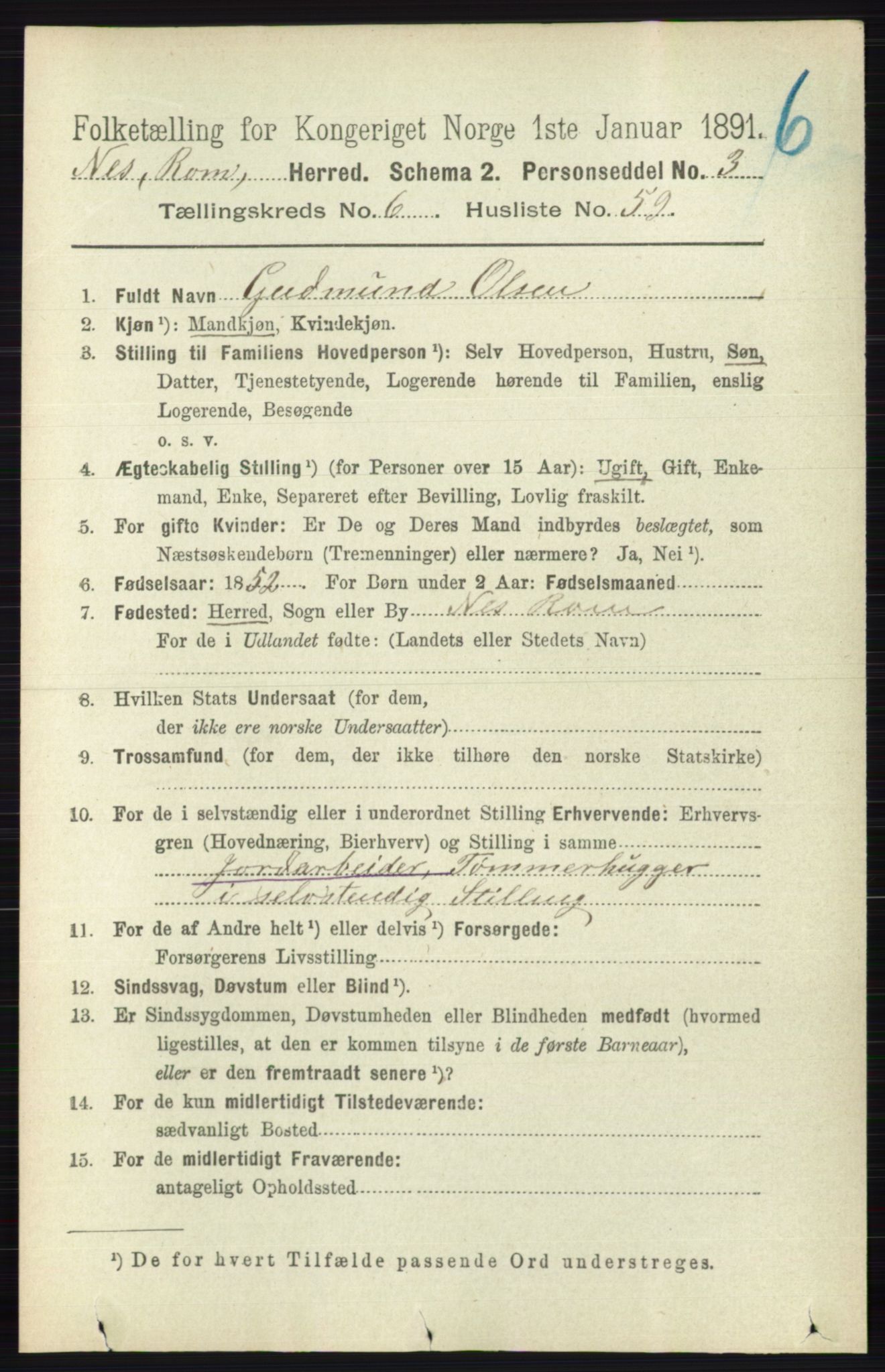 RA, 1891 census for 0236 Nes, 1891, p. 3750