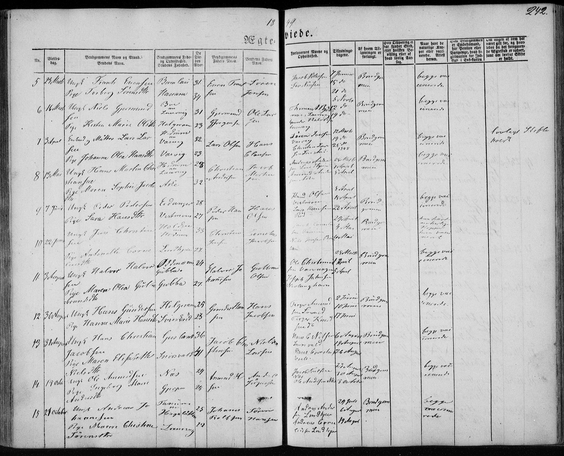 Brunlanes kirkebøker, AV/SAKO-A-342/F/Fa/L0004: Parish register (official) no. I 4, 1846-1862, p. 242