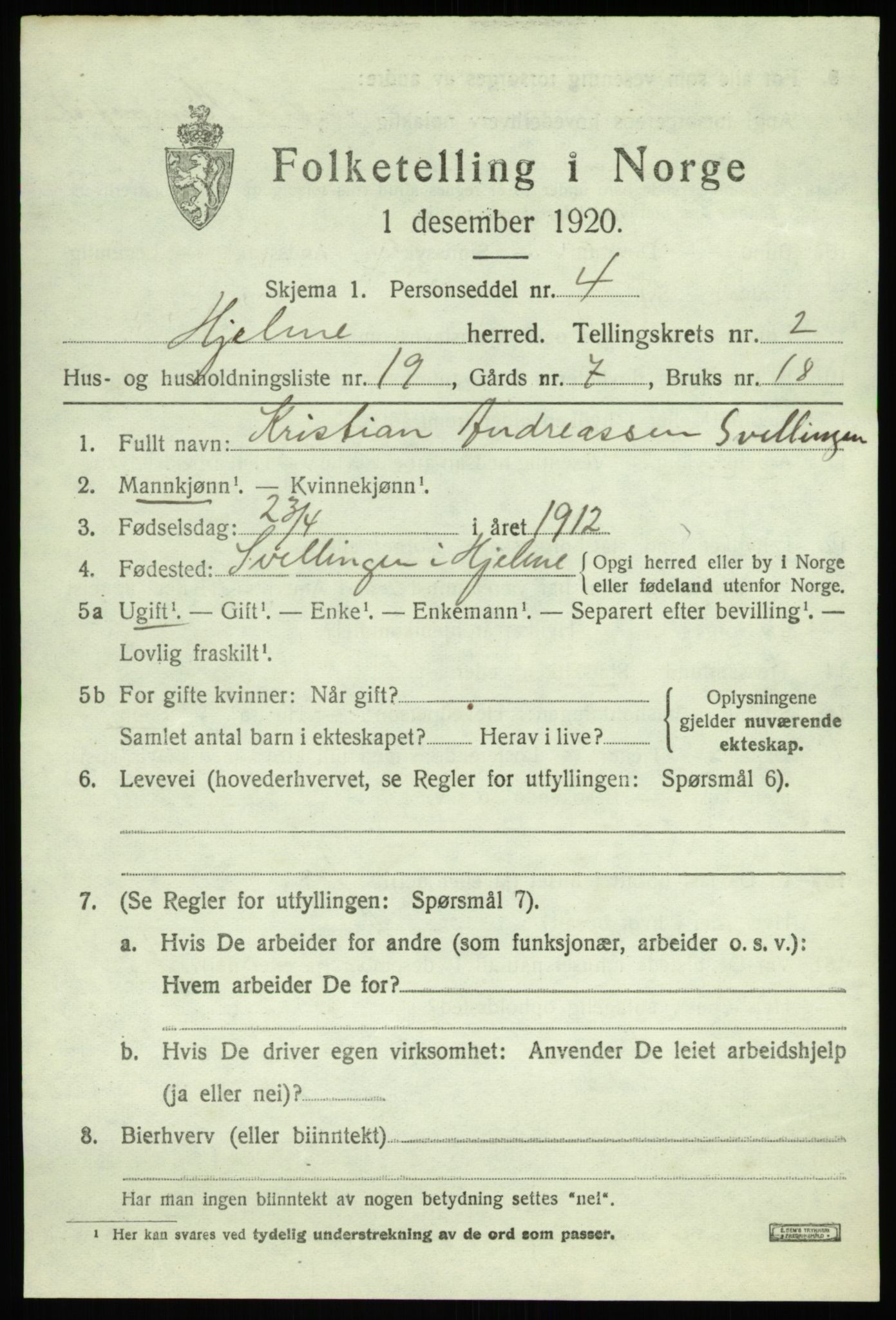 SAB, 1920 census for Hjelme, 1920, p. 1310