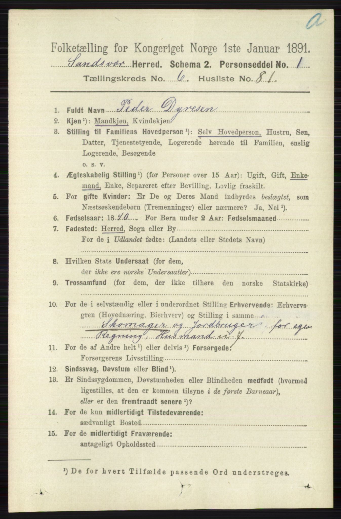 RA, 1891 census for 0629 Sandsvær, 1891, p. 3912