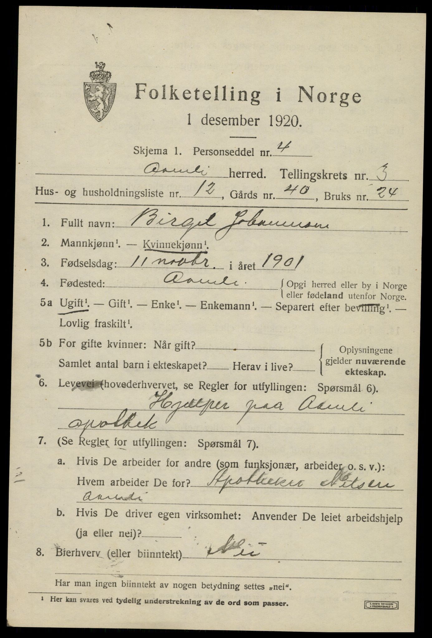 SAK, 1920 census for Åmli, 1920, p. 1403