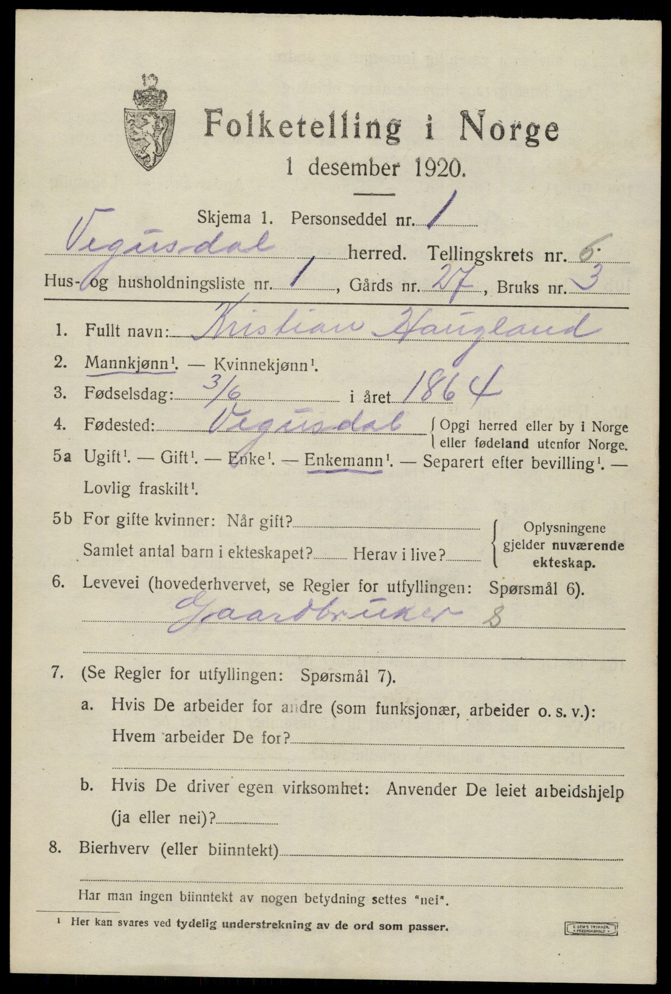 SAK, 1920 census for Vegusdal, 1920, p. 1461