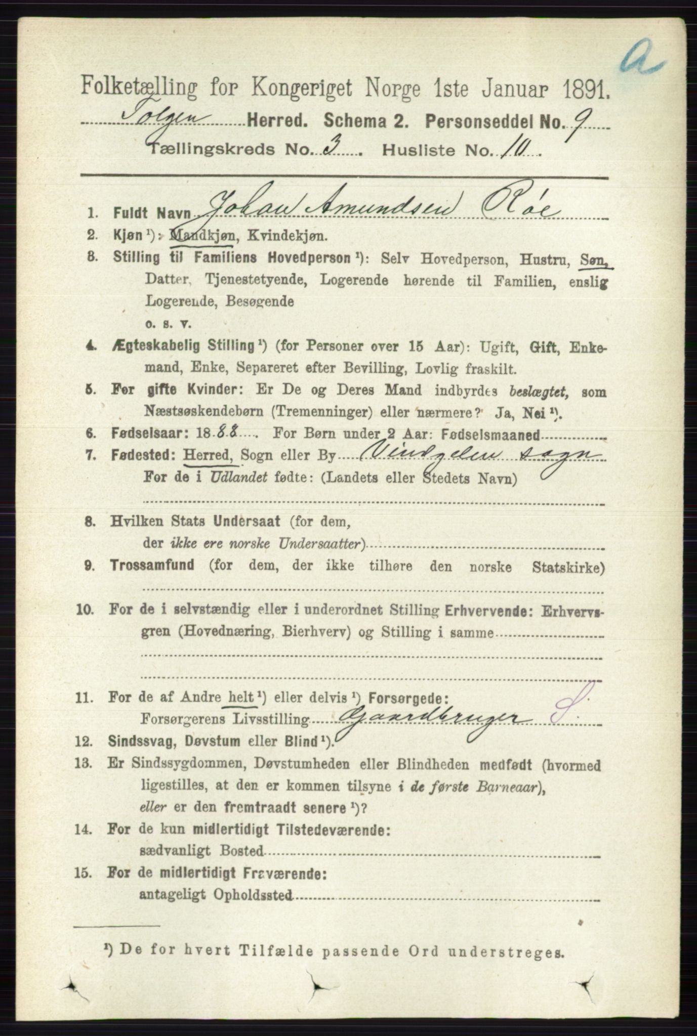 RA, 1891 census for 0436 Tolga, 1891, p. 612