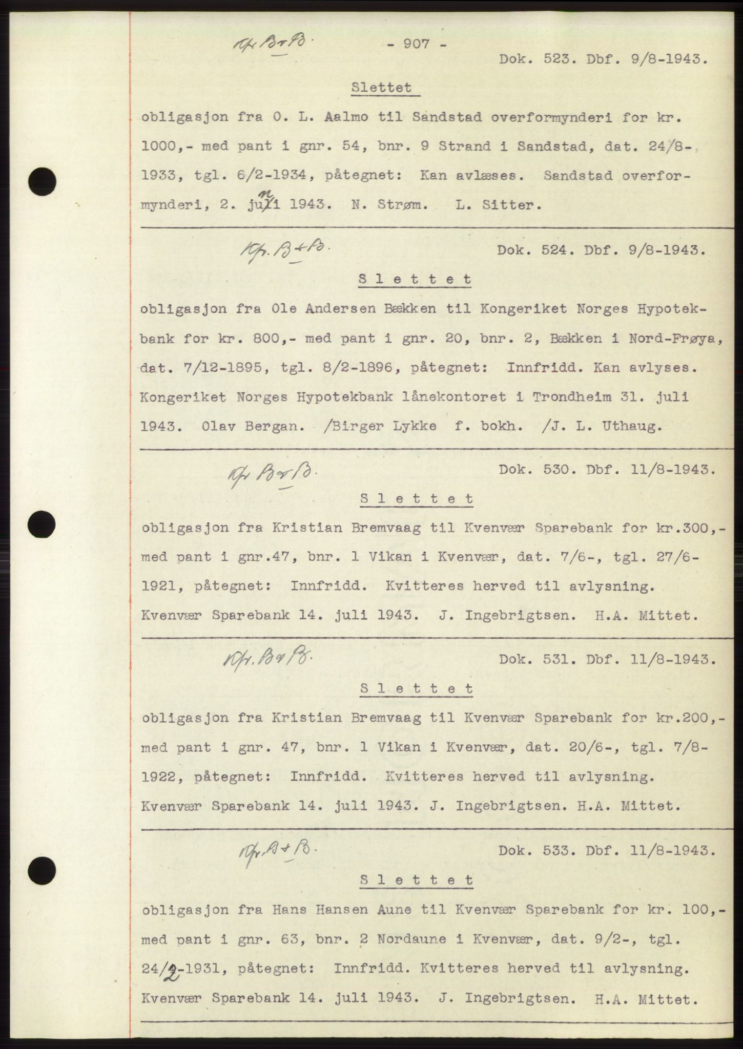 Hitra sorenskriveri, AV/SAT-A-0018/2/2C/2Ca: Mortgage book no. C1, 1936-1945, Diary no: : 523/1943