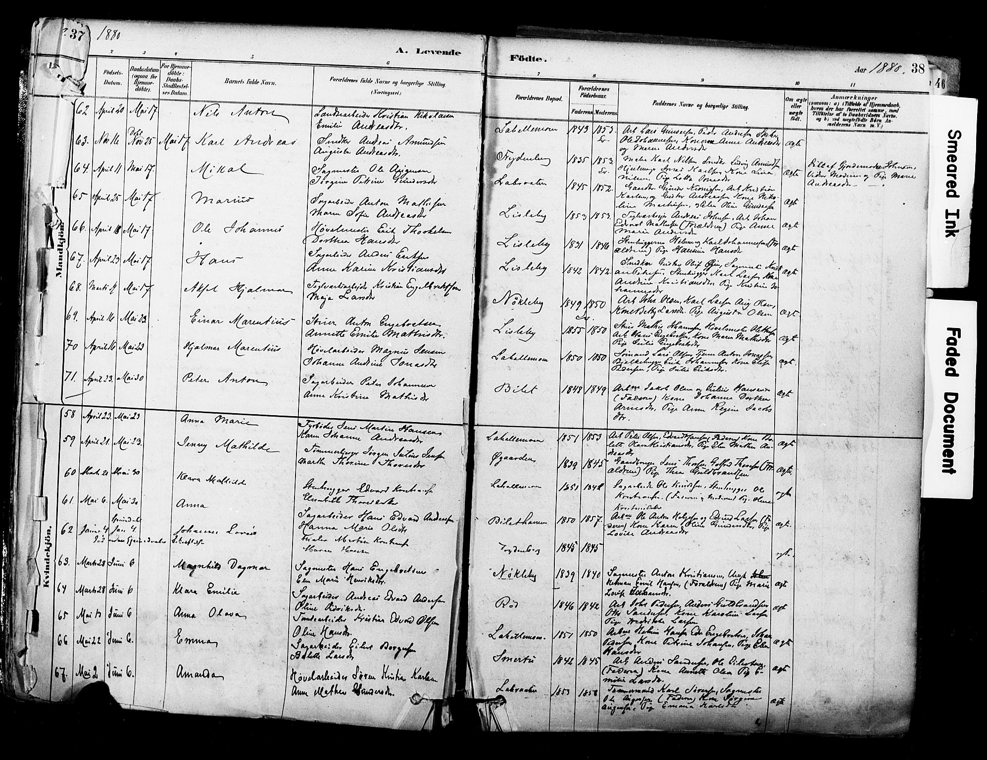 Glemmen prestekontor Kirkebøker, AV/SAO-A-10908/F/Fa/L0011: Parish register (official) no. 11, 1878-1917, p. 38