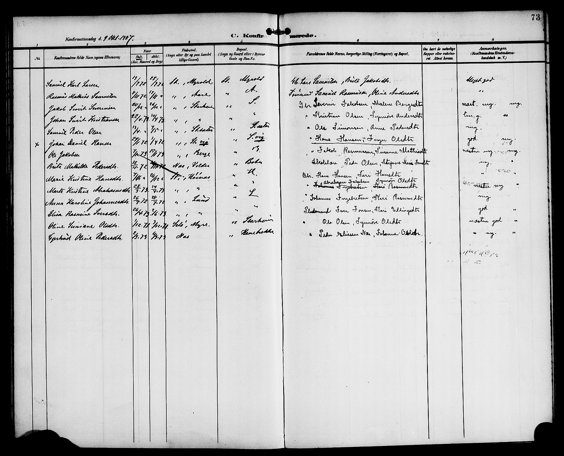 Eid sokneprestembete, SAB/A-82301/H/Haa/Haac/L0001: Parish register (official) no. C 1, 1879-1899, p. 73