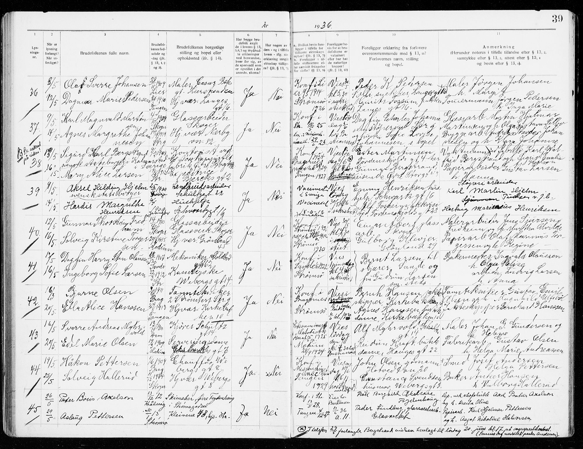 Strømsø kirkebøker, AV/SAKO-A-246/H/Ha/L0019: Banns register no. 19, 1932-1941, p. 39