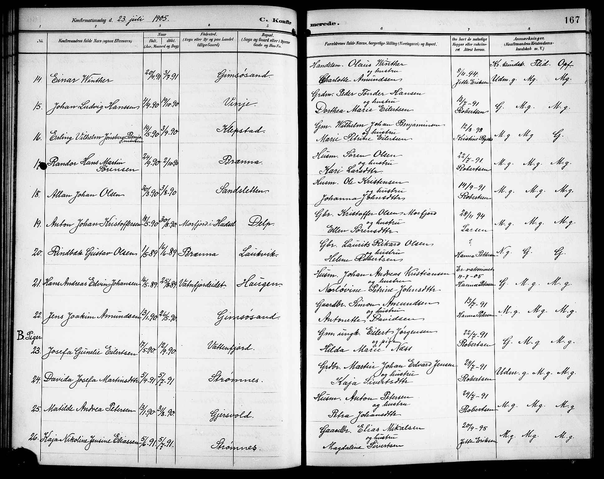 Ministerialprotokoller, klokkerbøker og fødselsregistre - Nordland, AV/SAT-A-1459/876/L1105: Parish register (copy) no. 876C04, 1896-1914, p. 167